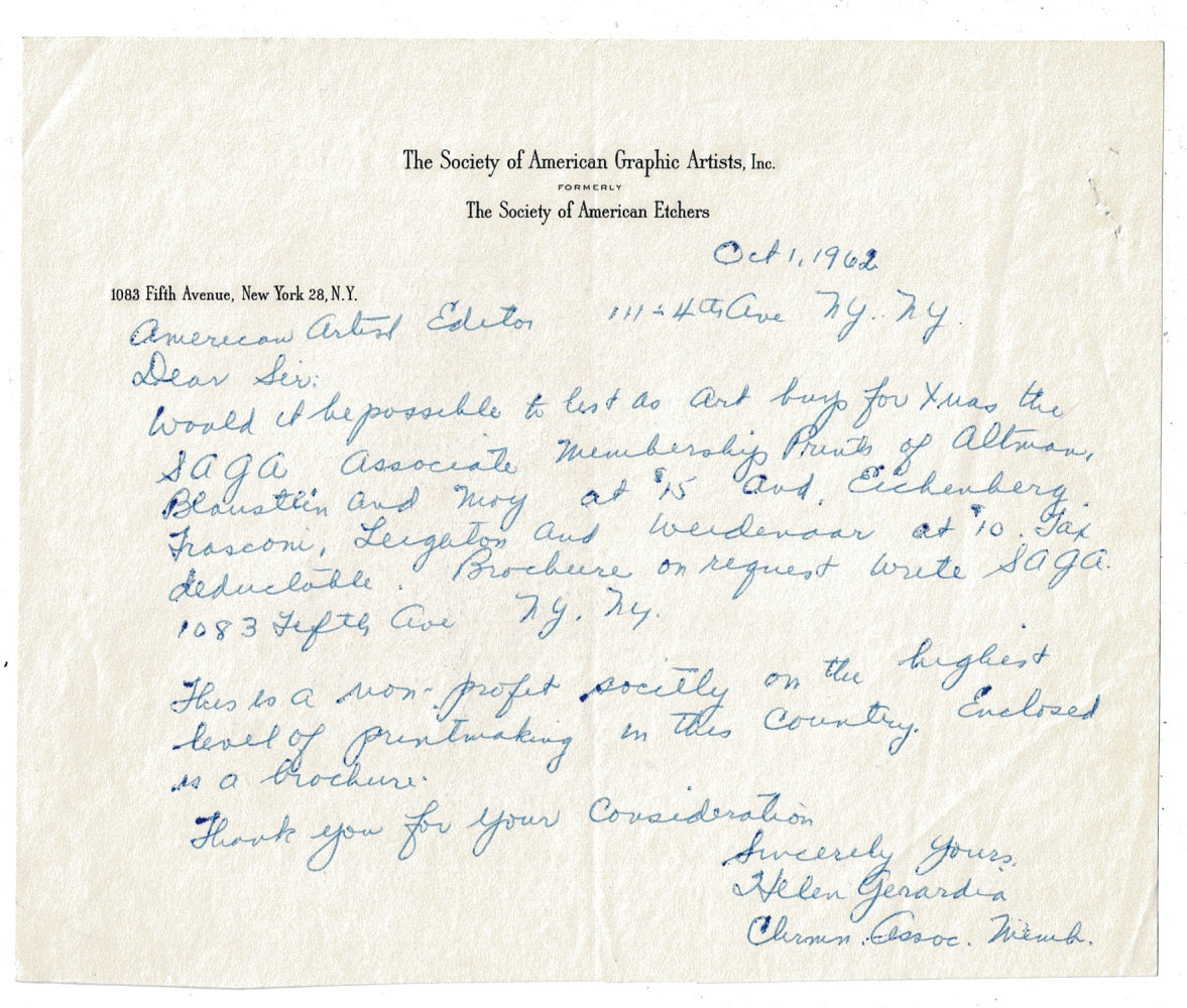 Image for AUTOGRAPH LETTER SIGNED by the Russian-born American painter HELEN GERARDIA inquiring if American Artist Magazine could list for sale prints by members of The Society of American Graphic Artists, Inc. AUTOGRAPH LETTER SIGNED by the Russian-born American painter HELEN GERARDIA inquiring if American Artist Magazine could list for sale prints by members of The Society of American Graphic Artists, Inc.