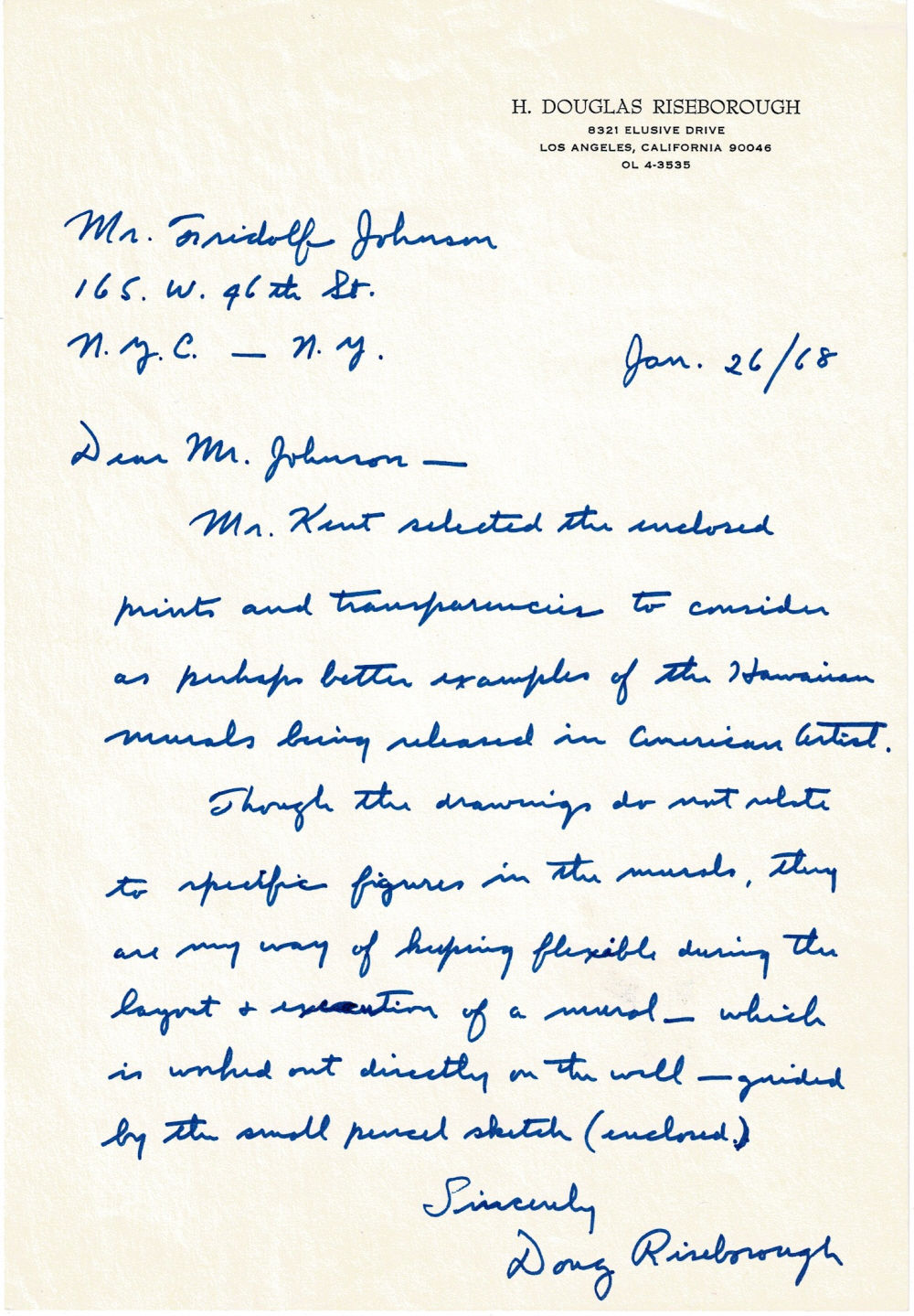Image for AUTOGRAPH LETTER SIGNED by the Canadian artist living in California DOUGLAS RISEBOROUGH to American Artist editor Fridolf Johnson. AUTOGRAPH LETTER SIGNED by the Canadian artist living in California DOUGLAS RISEBOROUGH to American Artist editor Fridolf Johnson.
