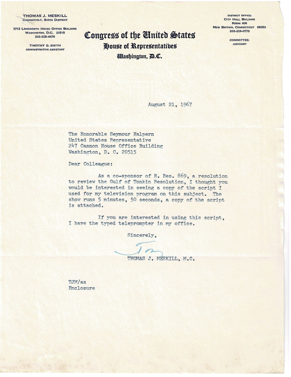 Image for TYPED LETTER SIGNED by the U.S. Congressman and future Governor of Connecticut THOMAS MESKILL to fellow Congressman Seymour Halpern, regarding the Gulf of Tonkin Resolution. TYPED LETTER SIGNED by the U.S. Congressman and future Governor of Connecticut THOMAS MESKILL to fellow Congressman Seymour Halpern, regarding the Gulf of Tonkin Resolution.