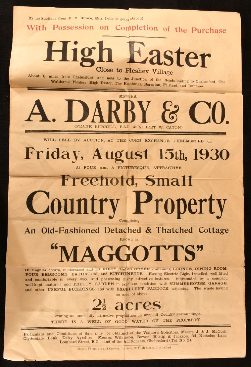 A. Derby & Co - Poster for Auction of an Old-Fashioned Detached & Thatched Cottage Known As Maggotts