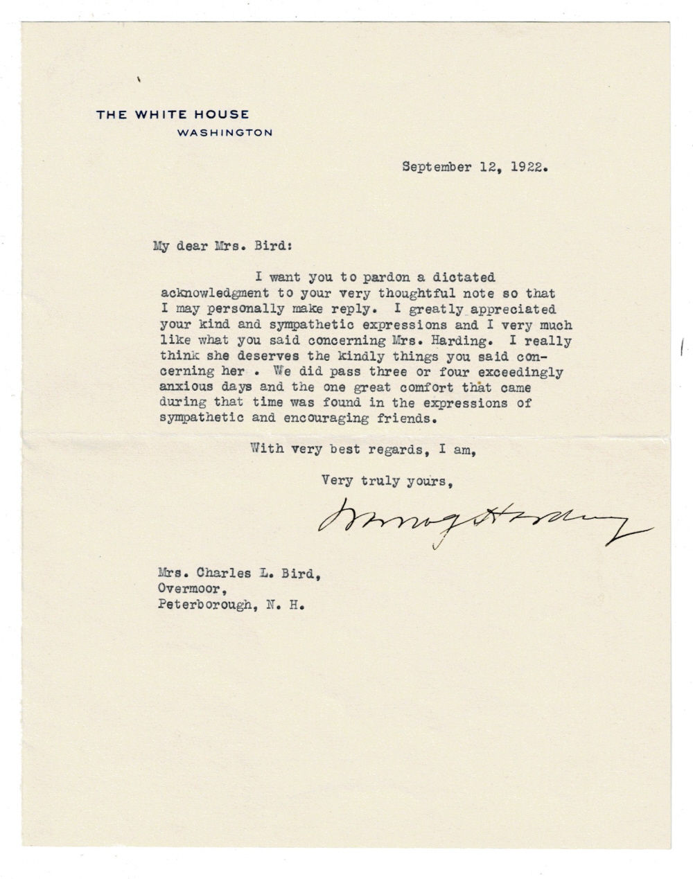 Image for TYPED LETTER SIGNED by WARREN G. HARDING as President, regarding his wife's illness. TYPED LETTER SIGNED by WARREN G. HARDING as President, regarding his wife's illness.