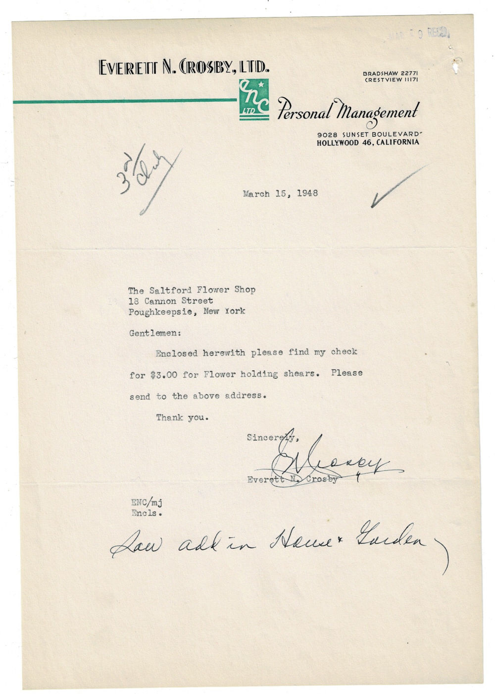 TYPED LETTER SIGNED by EVERETT N. CROSBY, the brother and manager of the popular crooner Bing Crosby.