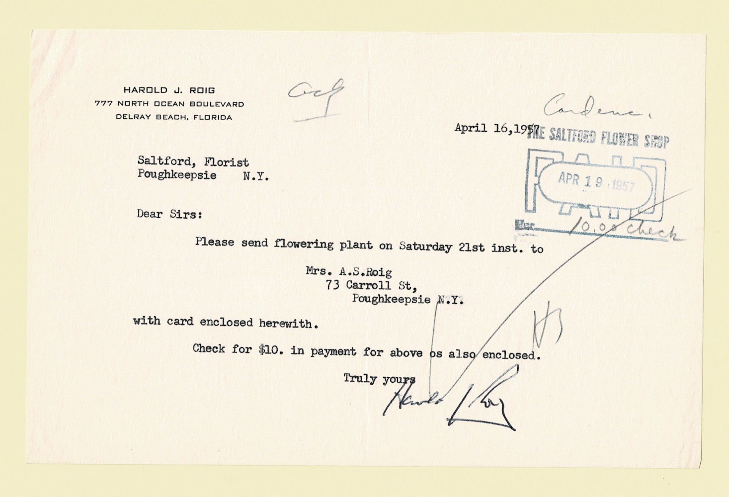 Image for TYPED LETTER SIGNED ordering a flowering plant for Mother's Day by HAROLD J. ROIG, the American attorney & businessman who played a leading role in the establishment of Pan American Grace Airways. TYPED LETTER SIGNED ordering a flowering plant for Mother's Day by HAROLD J. ROIG, the American attorney & businessman who played a leading role in the establishment of Pan American Grace Airways.
