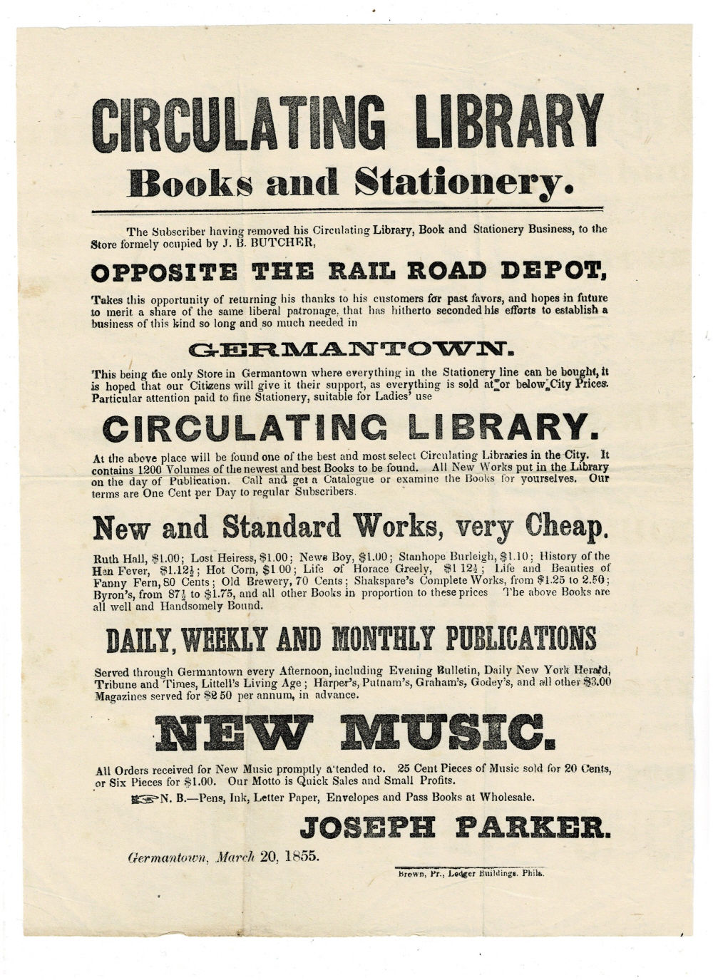 [ORIGINAL 19TH CENTURY BROADSIDE]: CIRCULATING LIBRARY BOOKS AND STATIONERY. [GERMANTOWN, PENNSYLVANIA].