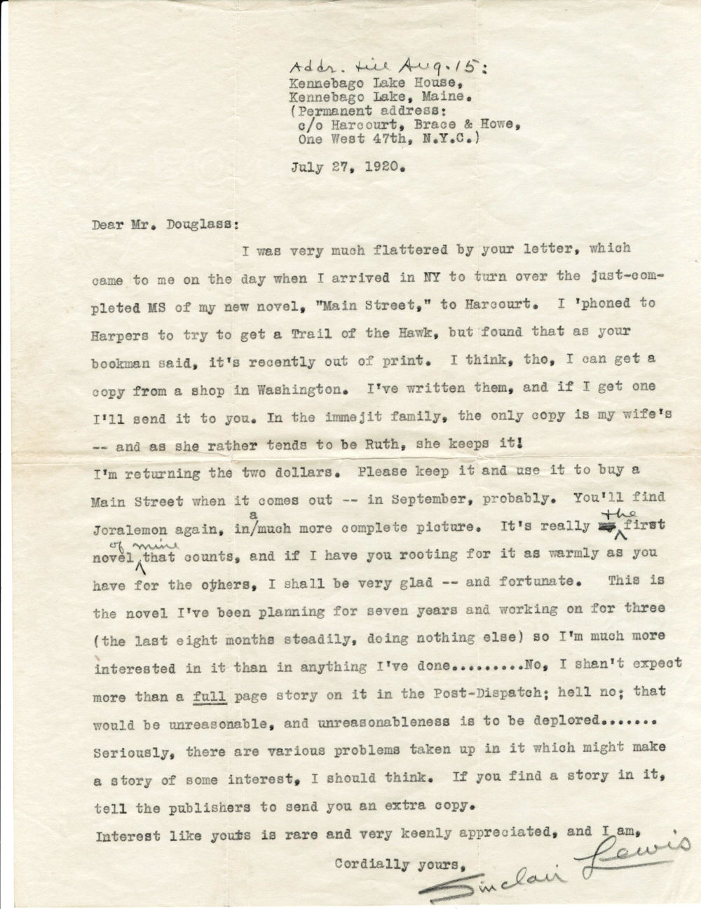 A REMARKABLE SINCLAIR LEWIS LETTER WRITTEN ON THE DAY HE SUBMITTED 