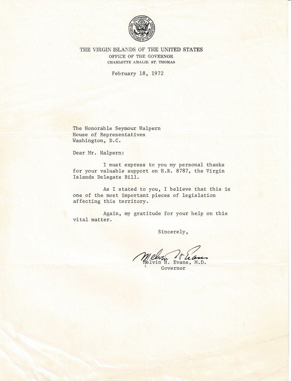 Evans, M.D., Melvin H  (1917-1984). The first elected Governor of the US Virgin Islands. - Typed Letter Signed by the First Elected Governor of the Us Virgin Islands Melvin H. Evans.