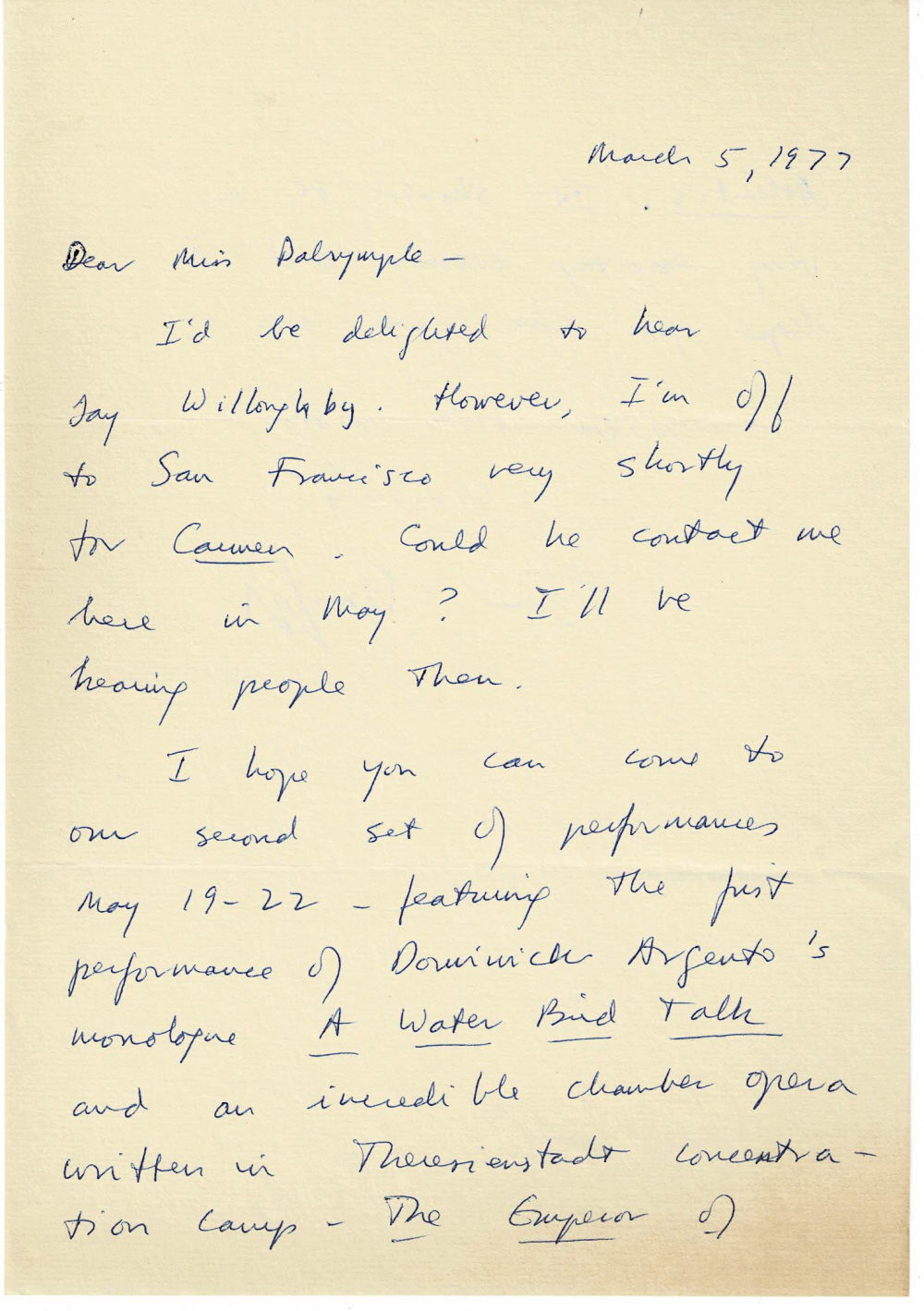 AUTOGRAPH LETTER SIGNED by the Opera director, producer and author IAN STRASFOGEL to City Center Producer and Director Jean Dalrymple, mentioning 2 premieres, inviting her to the May 19 performances of the Works in Brooklyn.