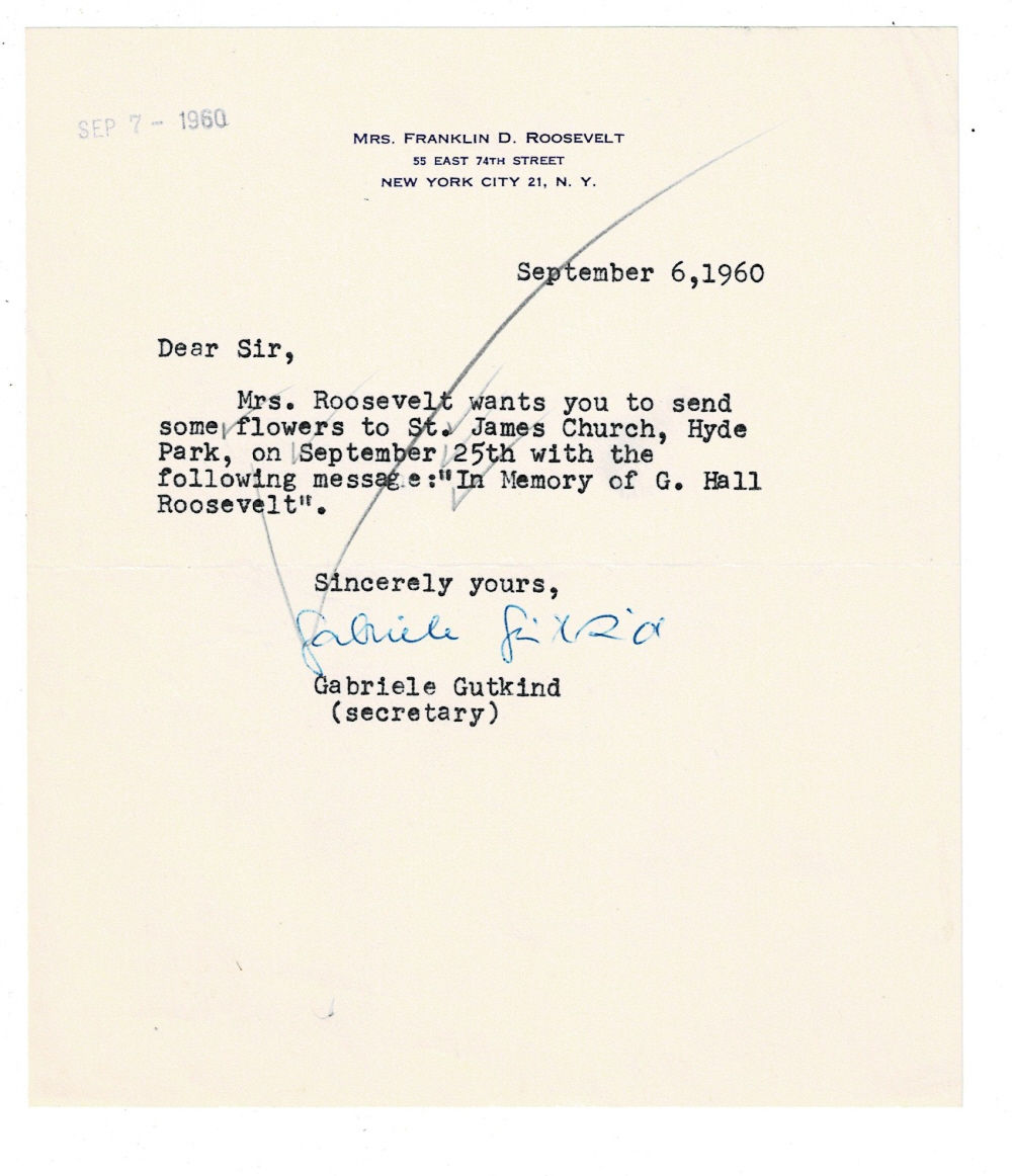 TYPED LETTER SIGNED by GABRIELE GUTKIND as a secretary to Eleanor Roosevelt requesting flowers be sent 