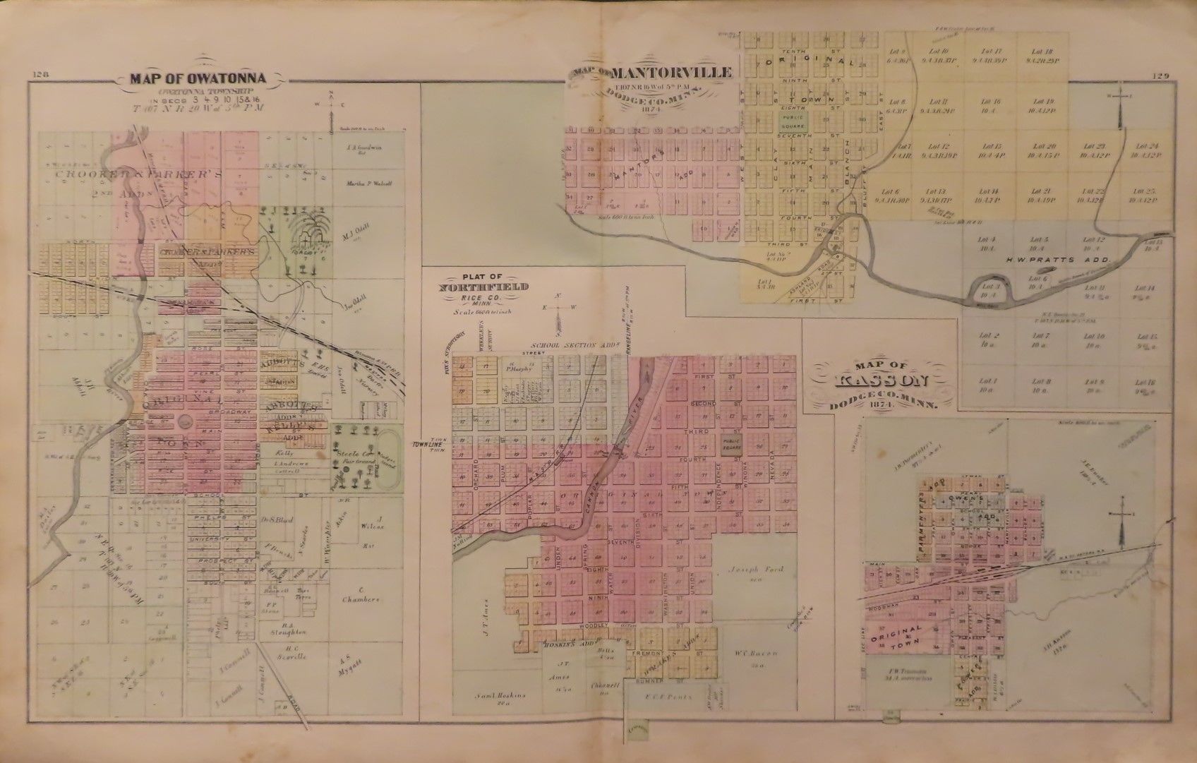 Maps of Owatonna, Northfield, Mantorville & Kasson, Minn. 1874