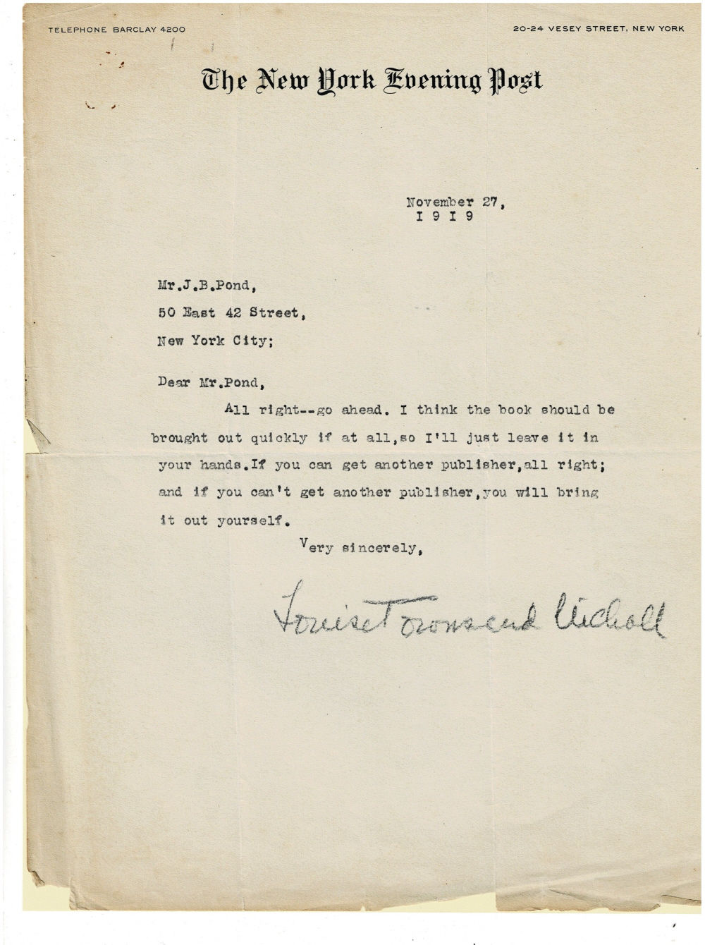 TYPED LETTER SIGNED by the American poet and editor LOUISE TOWNSEND NICHOLL.