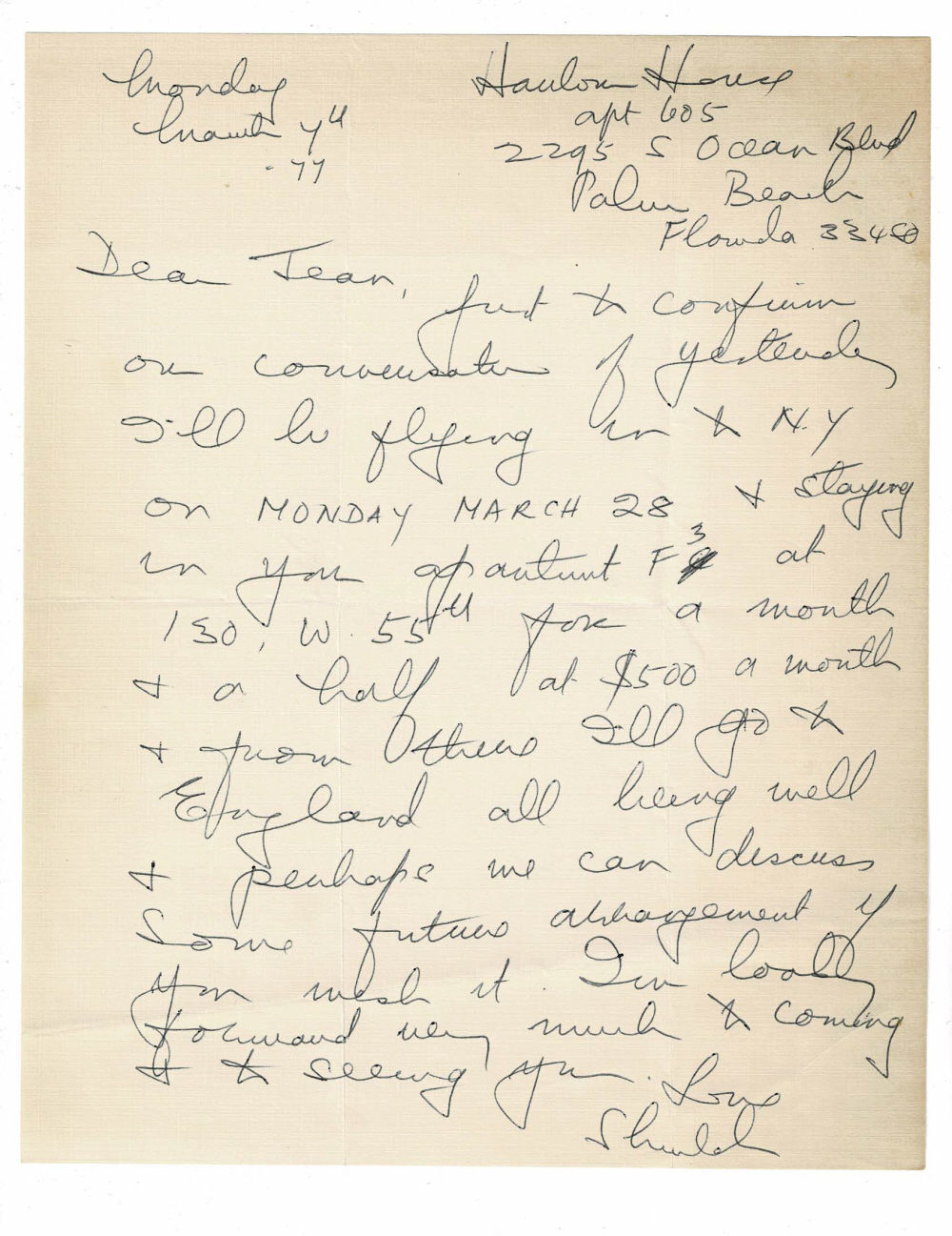 3 AUTOGRAPH LETTERS SIGNED by the British-born American gossip columnist SHEILAH GRAHAM to her friend Jean Dalrymple, whose apartment she will be renting while Jean is away. Together with a photocopy of Wright Tyson's article on Graham from Andy Warhol's 