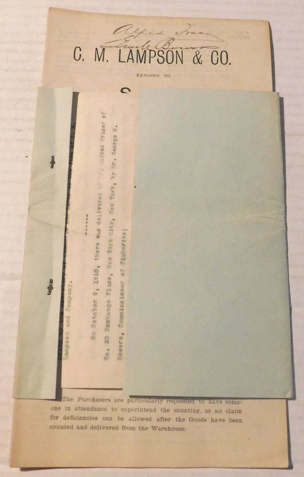 C.M. LAMPSON & CO. EXPOSED TO SALE BY AUCTION, AT THE LIEGE HILL PUBLIC SALE ROOM ON FRIDAY, 17TH DECEMBER, 19O9, AT TEN O'CLOCK PRECISELY, THE FOLLOWING GOODS, VIZ:. 4,214 SKINS, SALTED FUR SEAL ALASKA. [SIGNED by ALFRED FRASER & GEORGE M. BOWERS]. [Together with]: A true copy of the TYPED DOCUMENT