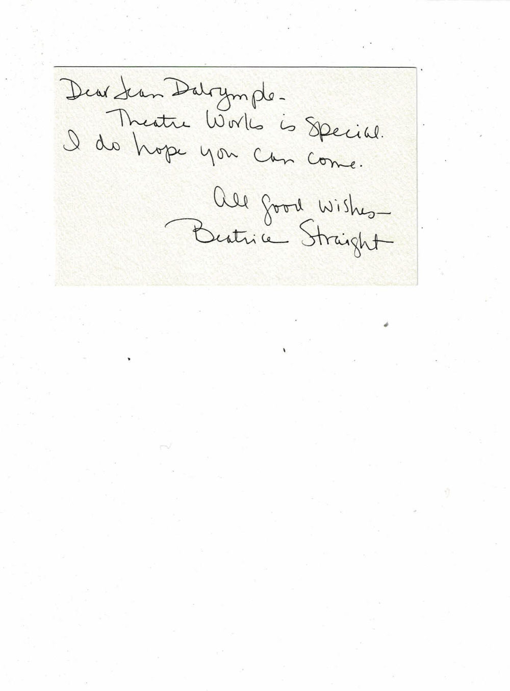 AUTOGRAPH NOTE SIGNED by the American actress, addressed to Jean Dalrymple, encouraging her to come to the dinner and performance of the musical 