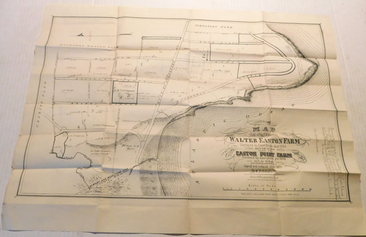 MAP OF THE WALTER EASTON FARM Surveyed by Sam'l Brown Aug't. 1854. Area 161.67 Acres. Also the EASTON POINT FARM Surveyed by Sam'l Brown Dec. 1848. 129 Ac 13 Rods (not including rocks & shore). Copied and reduced Octb'r 1871 By N.B. Schubarth / Scale 16 Rods to the Inch / THE LOTS INCLOSED WITH HEAV