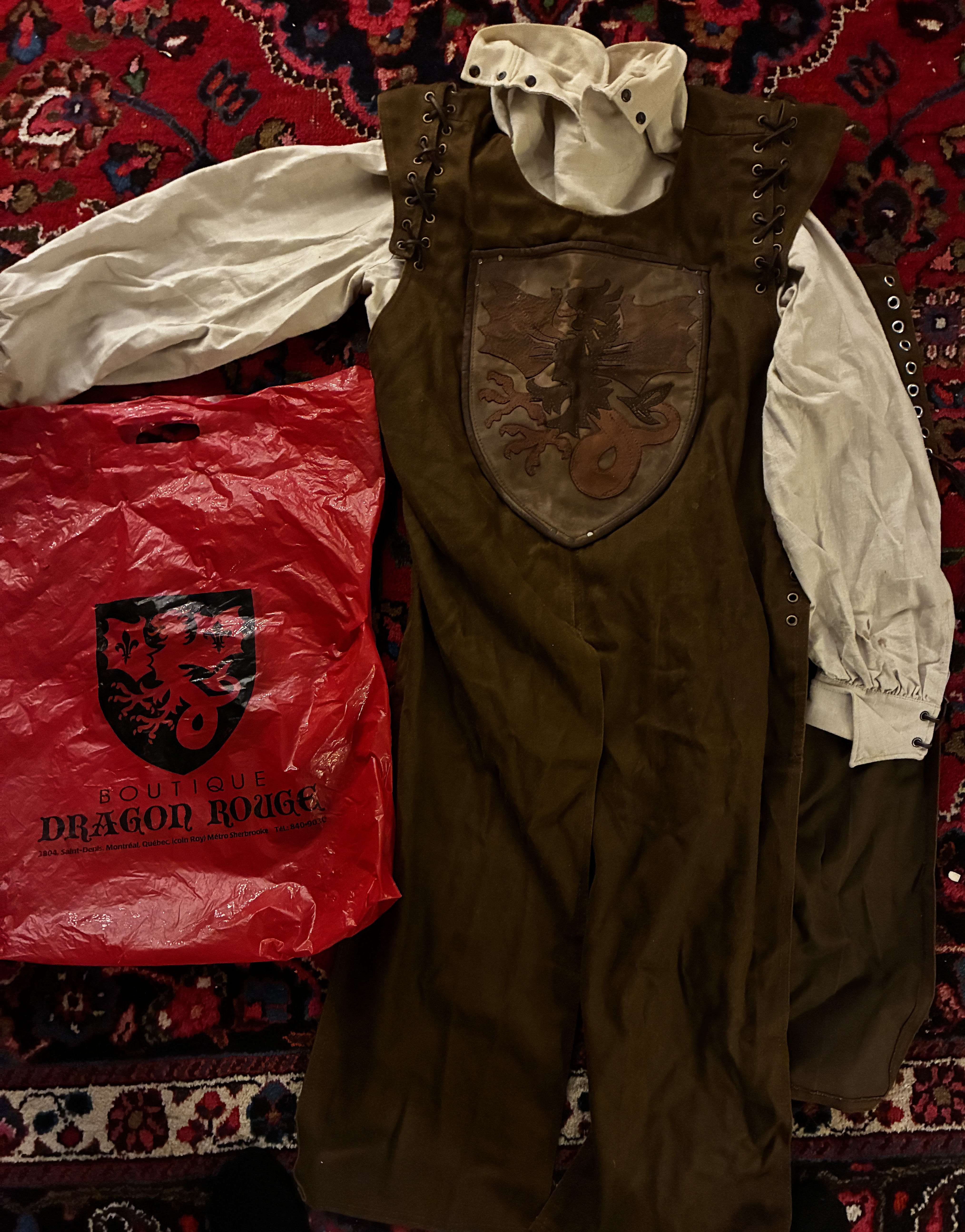 Medieval Knights Costume Handmade Linen Tunic and Leather and Canvas Surcoat Handmade in Montreal Canada