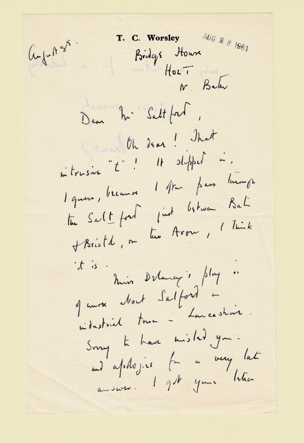 AUTOGRAPH LETTER SIGNED by the writer & critic THOMAS CUTHBERT WORSLEY playfully apologizing for misleading Mr. Saltford due to a misspelling.