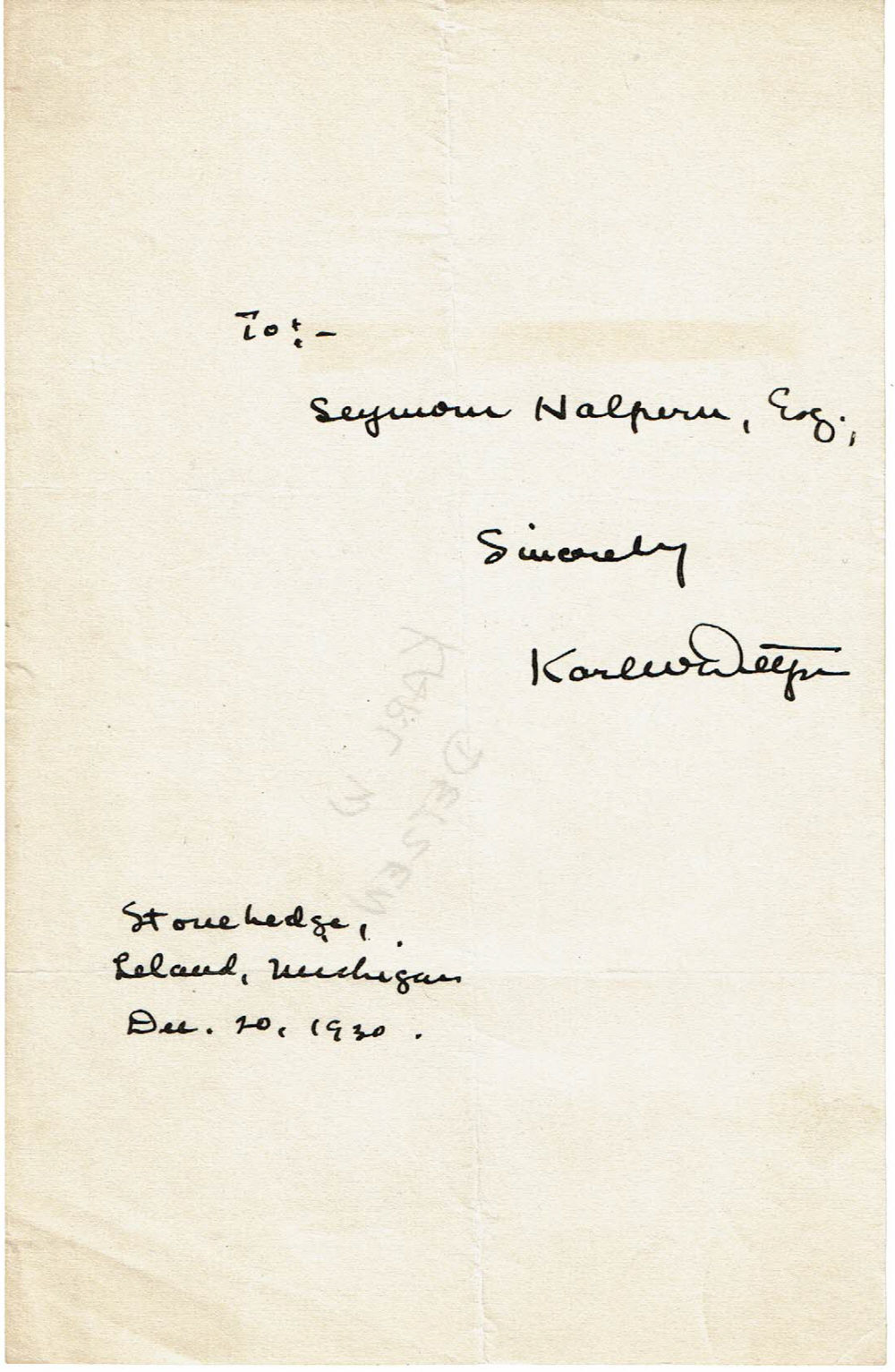 Detzer, Karl. - A Sheet of Note Paper Inscribed and Signed by Journalist, Author and Editor Karl Detzer.