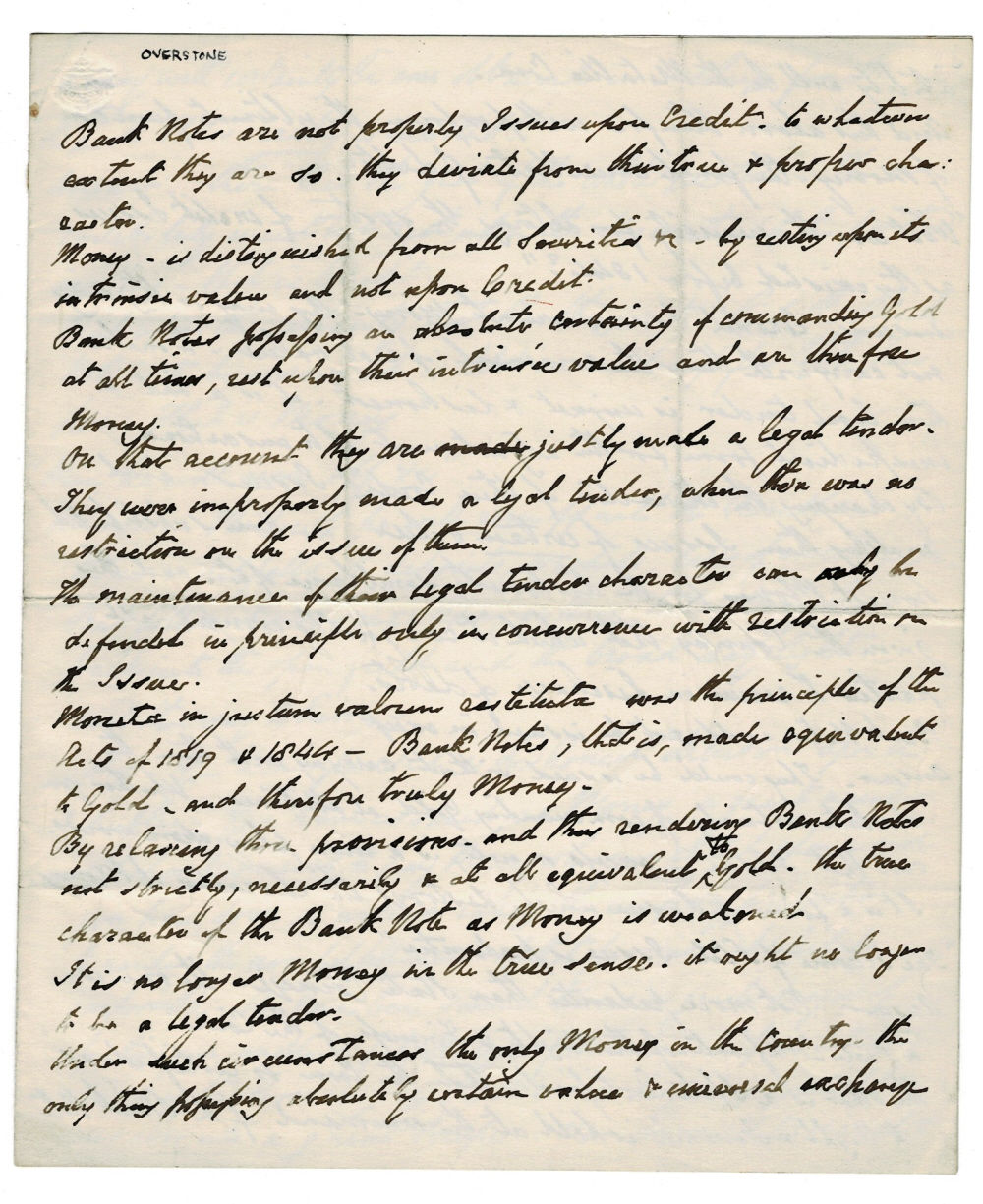Image for A 4-PAGE MANUSCRIPT VIGOROUSLY DEFENDING THE 1844 BANK ACT WHICH WAS LARGELY HIS CREATION, and concluding with a nasty swipe at his opponents, James Wilson and Thomas Tooke. A 4-PAGE MANUSCRIPT VIGOROUSLY DEFENDING THE 1844 BANK ACT WHICH WAS LARGELY HIS CREATION, and concluding with a nasty swipe at his opponents, James Wilson and Thomas Tooke.