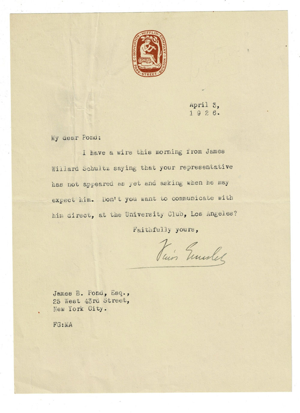 TYPED LETTER SIGNED by Houghton Mifflin director FERRIS GREENSLET informing James B. Pond that his representative has not yet appeared.