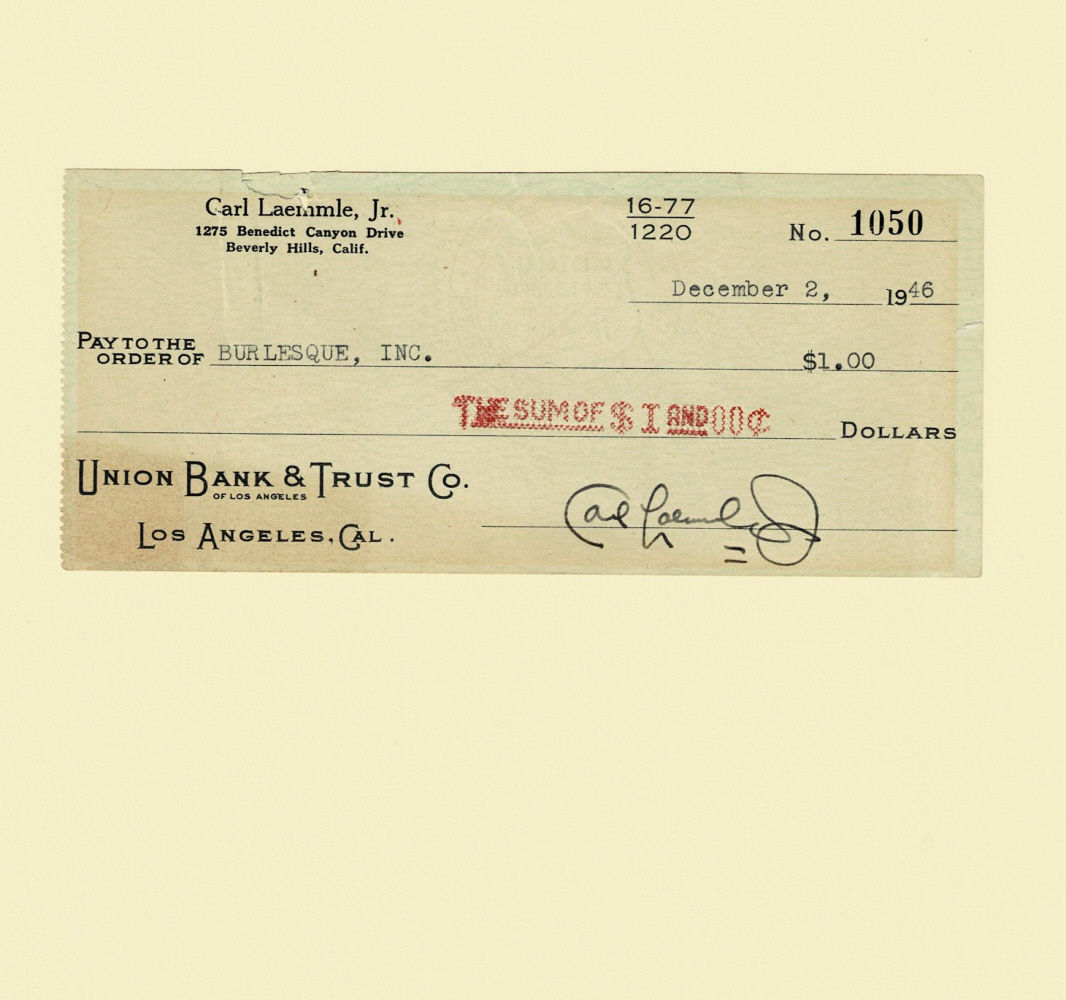 DOCUMENT SIGNED. A 1946 check signed by the former head of Universal Studios CARL LAEMMLE, JR. who was responsible for producing such films as 