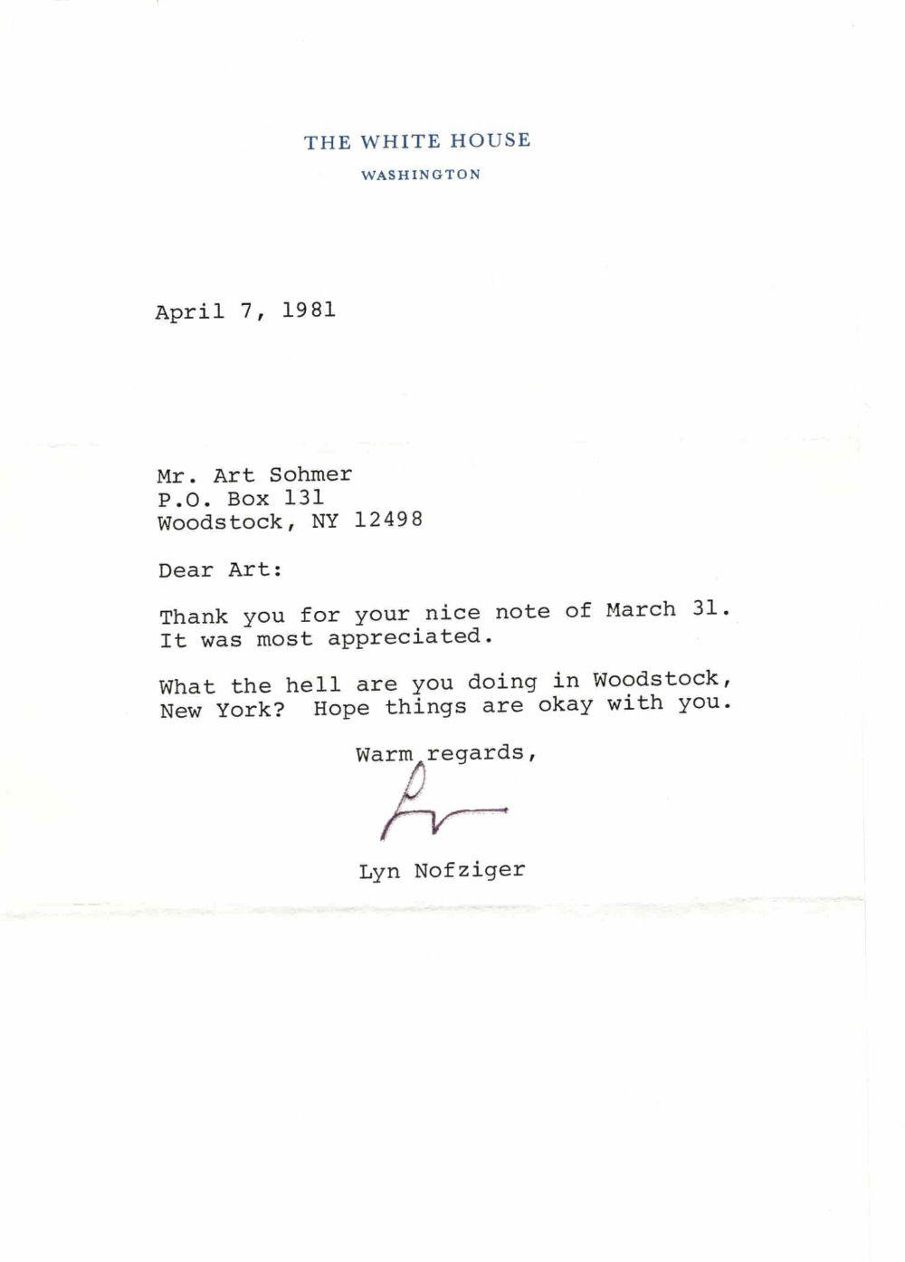Image for TYPED NOTE SIGNED by the conservative political consultant LYN NOFZIGER, White House Advisor to President Richard Nixon and consultant to President Ronald Reagan. TYPED NOTE SIGNED by the conservative political consultant LYN NOFZIGER, White House Advisor to President Richard Nixon and consultant to President Ronald Reagan.