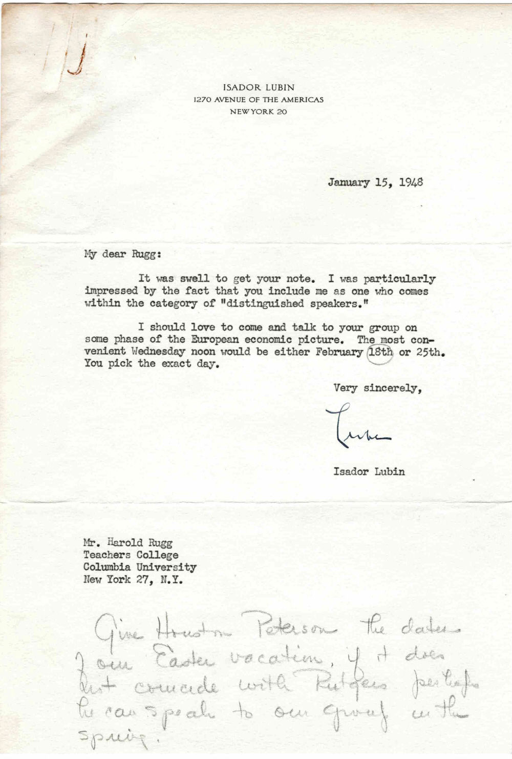 Image for TYPED LETTER SIGNED by FDR's Head of the U.S. Bureau of Labor Statistics ISADOR LUBIN offering to speak on the European economic picture to Education Pioneer Harold Rugg's group. TYPED LETTER SIGNED by FDR's Head of the U.S. Bureau of Labor Statistics ISADOR LUBIN offering to speak on the European economic picture to Education Pioneer Harold Rugg's group.