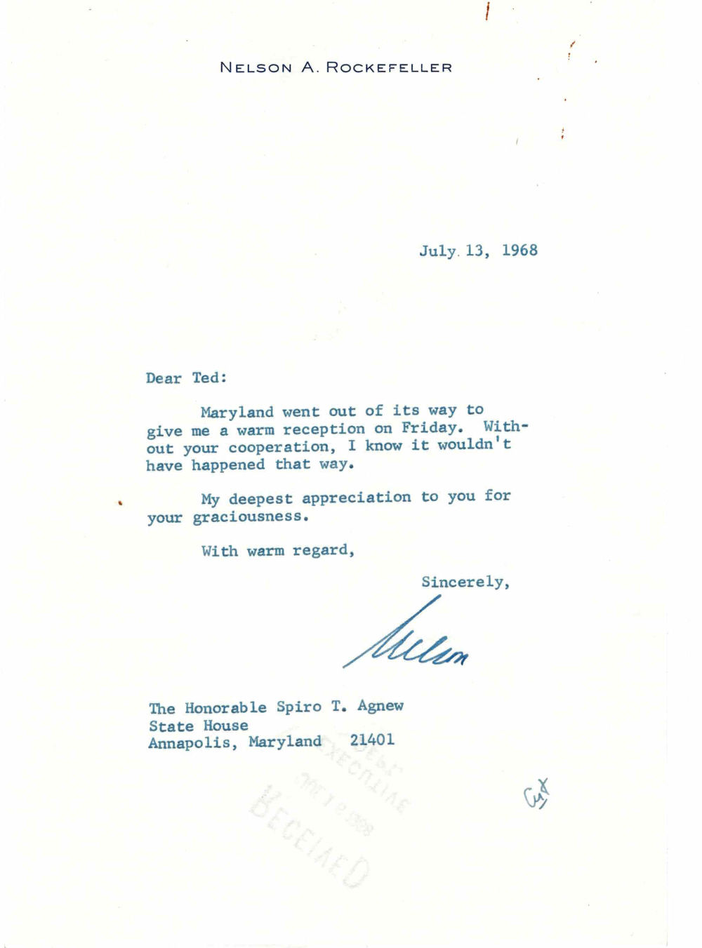 Image for TYPED LETTER SIGNED by New York State Governor NELSON A. ROCKEFELLER to Maryland Governor SPIRO T. AGNEW with an annotation in Agnew's hand. TYPED LETTER SIGNED by New York State Governor NELSON A. ROCKEFELLER to Maryland Governor SPIRO T. AGNEW with an annotation in Agnew's hand.