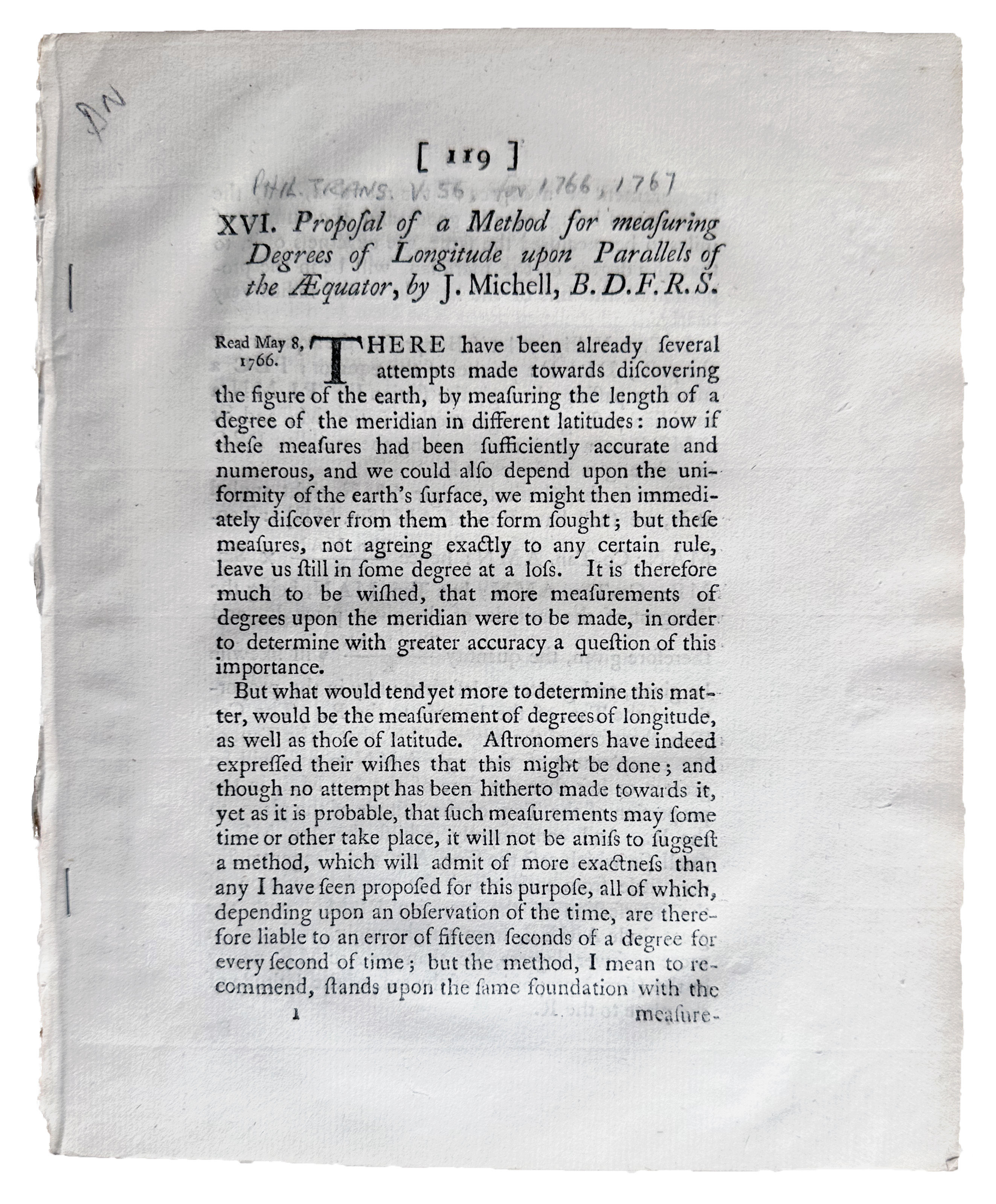 Proposal of a Method for measuring Degrees of Longitude upon Parallels of the AEquator.