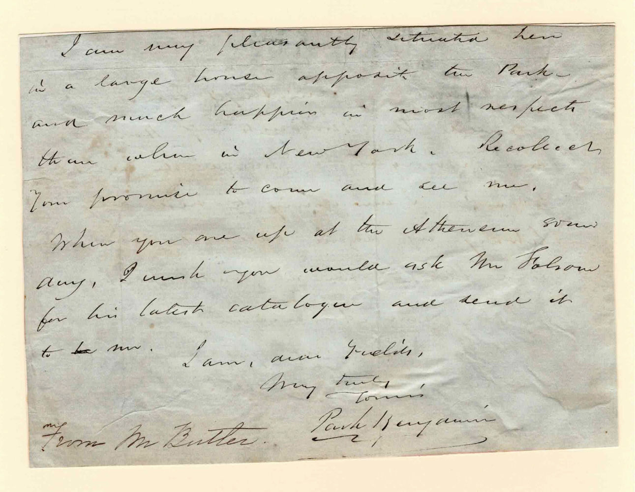 Image for AUTOGRAPH LETTER SIGNED by the American poet, journalist and newspaper founder BENJAMIN PARK, SR. to John Huntington Butler, who helped him launch AUTOGRAPH LETTER SIGNED by the American poet, journalist and newspaper founder BENJAMIN PARK, SR. to John Huntington Butler, who helped him launch