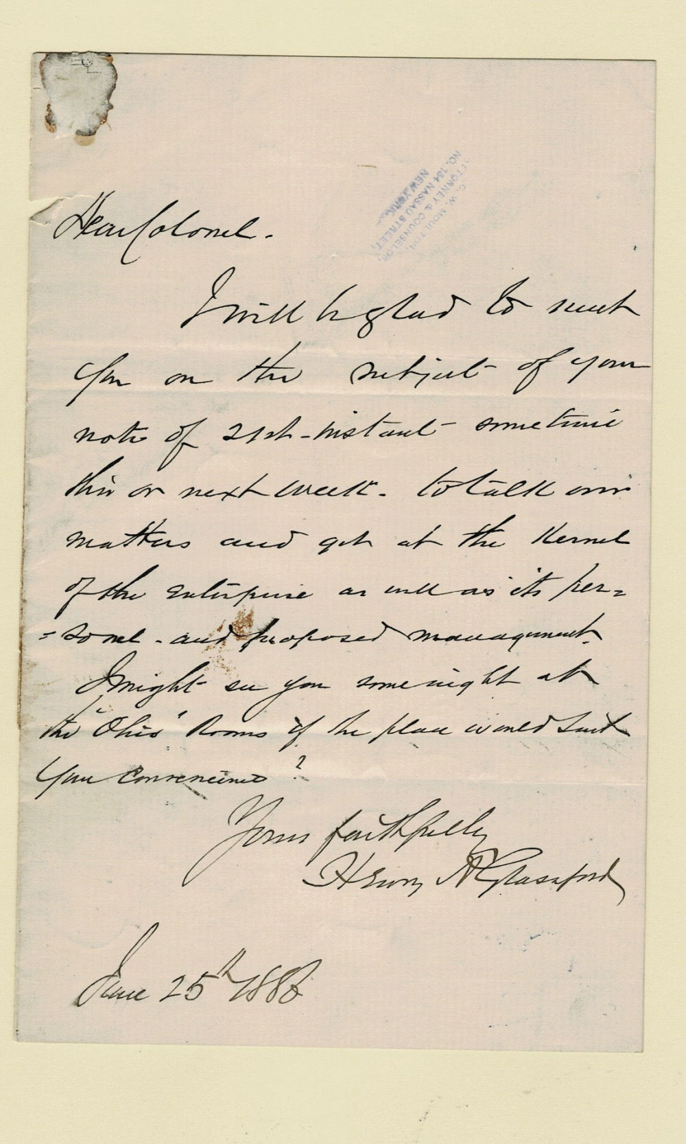AUTOGRAPH LETTER by HENRY GLASSFORD to COLONEL CHARLES W. MOULTON, both of whom played a role in the creation of the CINCINNATI BASE BALL CLUB leading to the FIRST PROFESSIONAL BASEBALL TEAM, the CINCINNATI RED STOCKINGS.