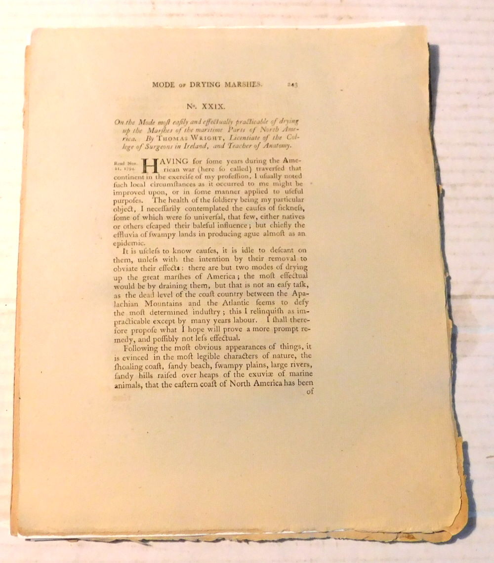A MEMOIR ON THE DISCOVERY OF CERTAIN BONES OF A QUADRUPED OF THE CLAWED KIND IN THE WESTERN PARTS OF VIRGINIA. By THOMAS JEFFERSON. [Together with]: On the Mode most easily and effectually practicable of drying up the Marshes of the maritime Parts of North America. By Thomas Wright. [Together with]: