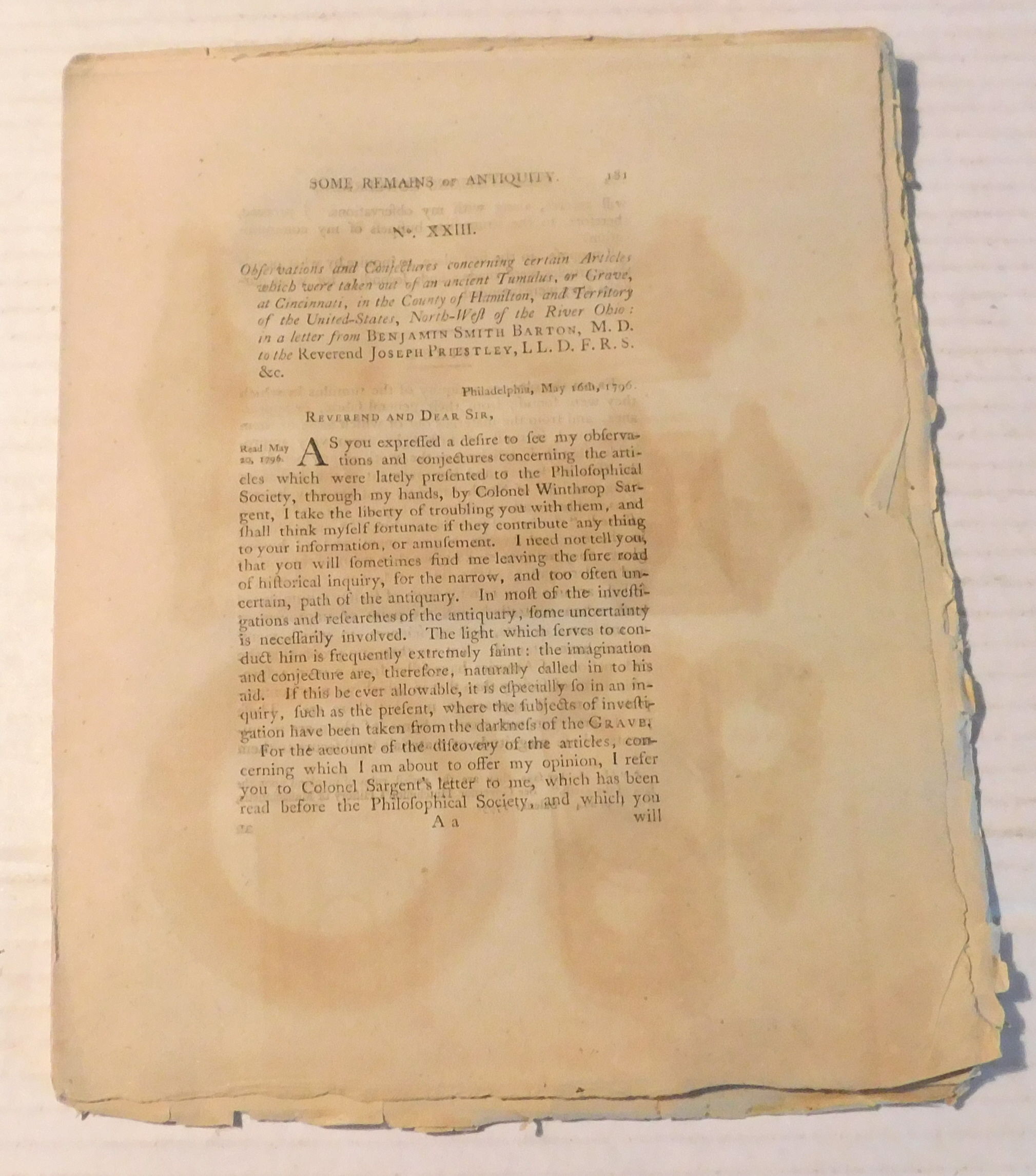 Image for OBSERVATIONS AND CONJECTURES CONCERNING CERTAIN ARTICLES WHICH WERE TAKEN OUT OF AN ANCIENT TUMULUS , OR GRAVE, AT CINCINNATI, IN THE COUNTY OF HAMILTON, AND TERRITORY OF THE UNITED-STATES, NORTH-WEST OF THE RIVER OHIO: In a Letter from Benjamin Smith Barton, M. D. to the Reverend Joseph Priestley, OBSERVATIONS AND CONJECTURES CONCERNING CERTAIN ARTICLES WHICH WERE TAKEN OUT OF AN ANCIENT TUMULUS , OR GRAVE, AT CINCINNATI, IN THE COUNTY OF HAMILTON, AND TERRITORY OF THE UNITED-STATES, NORTH-WEST OF THE RIVER OHIO: In a Letter from Benjamin Smith Barton, M. D. to the Reverend Joseph Priestley,