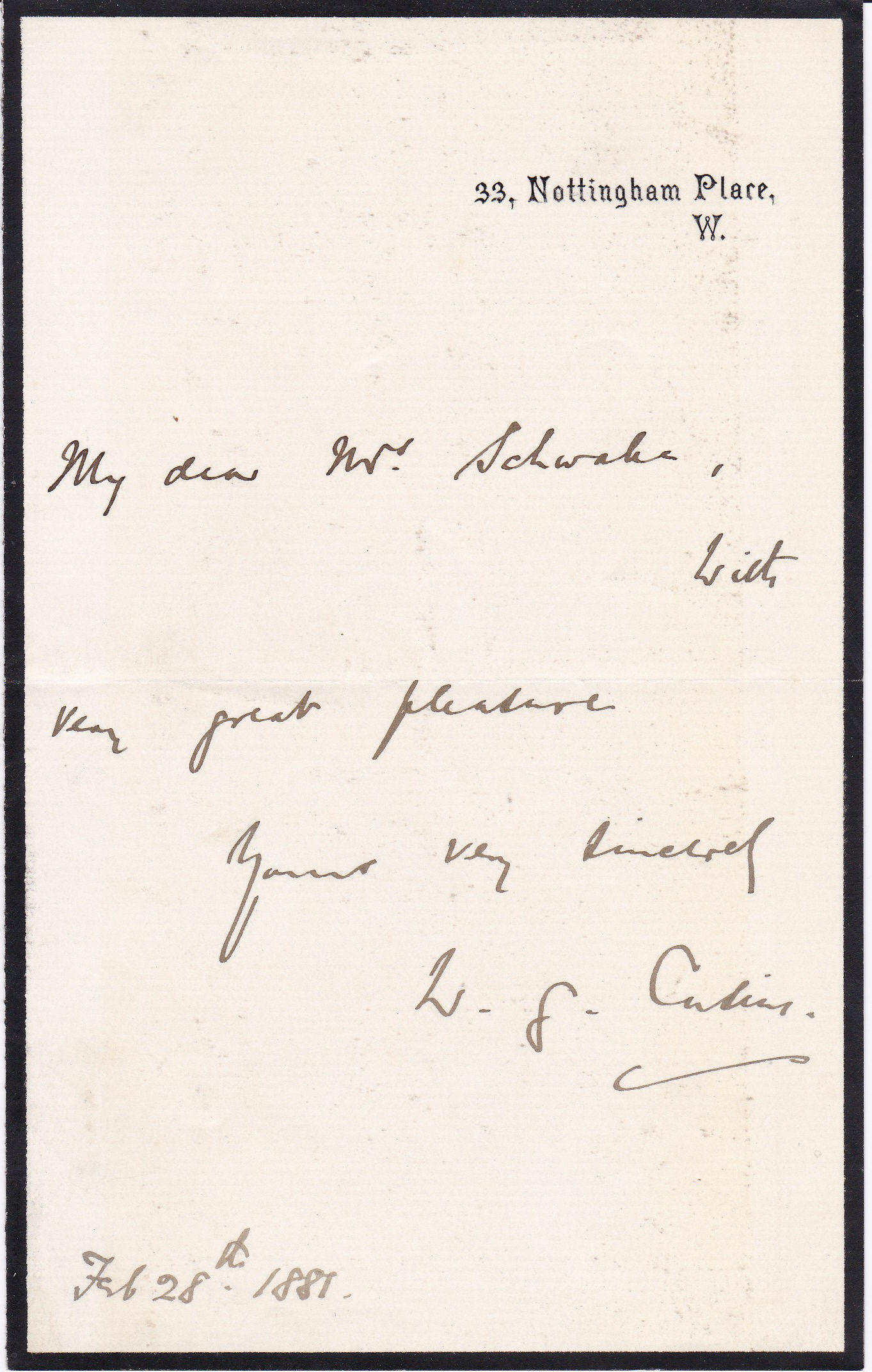 Cusins, William. (1833-1893). English pianist, violinist and composer. - Autograph Note Signed by William Cusins.