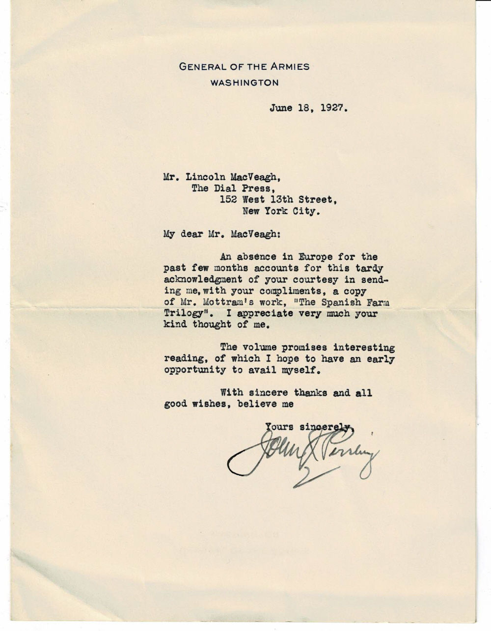 (MacVeagh, Lincoln); Pershing, John J. - Typed Letter Signed by John J. Pershing on 