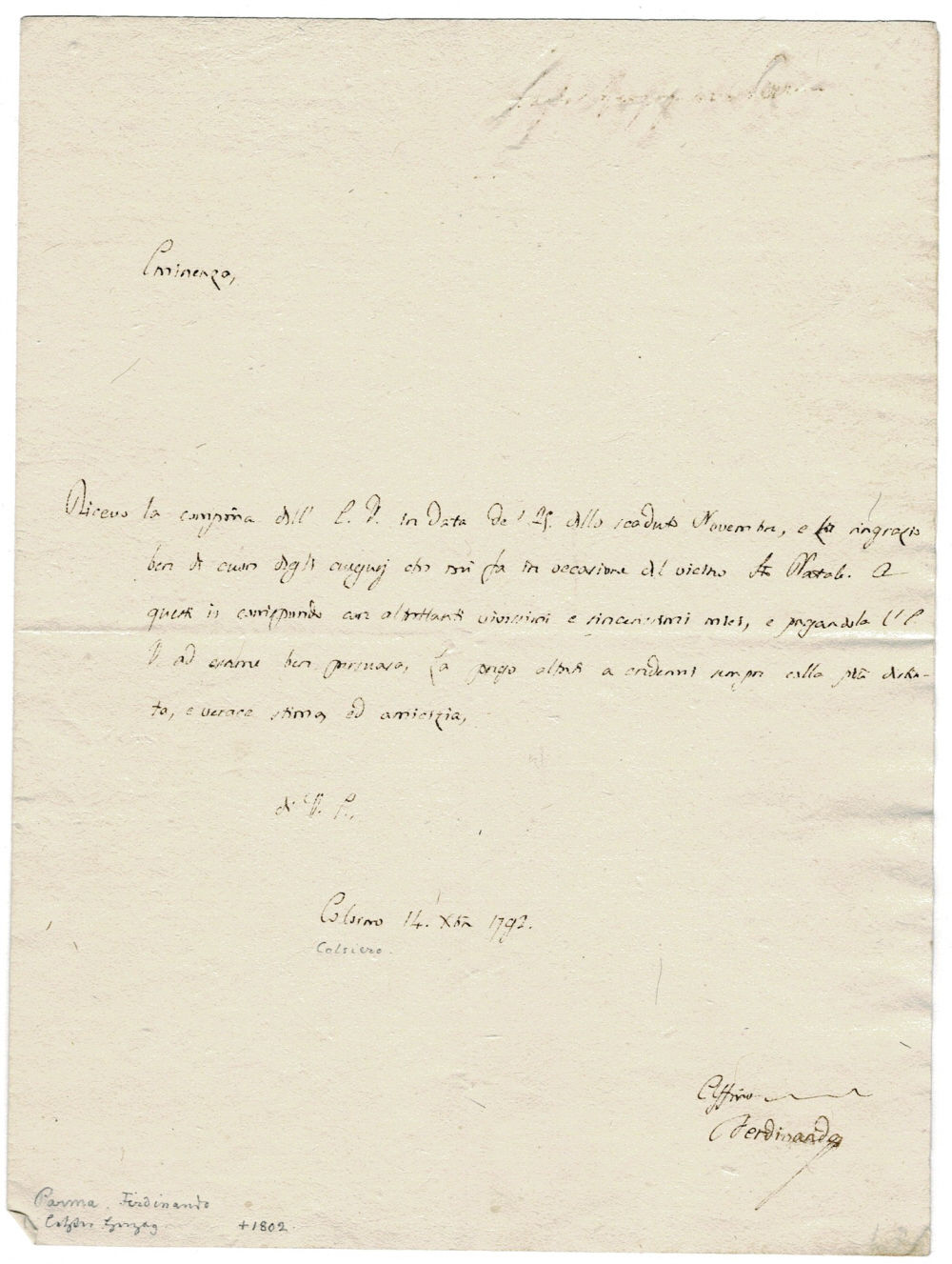 HOLOGRAPH LETTER SIGNED by FERDINAND I, DUKE OF PARMA, PIACENZA AND GUASTALLA thanking 
