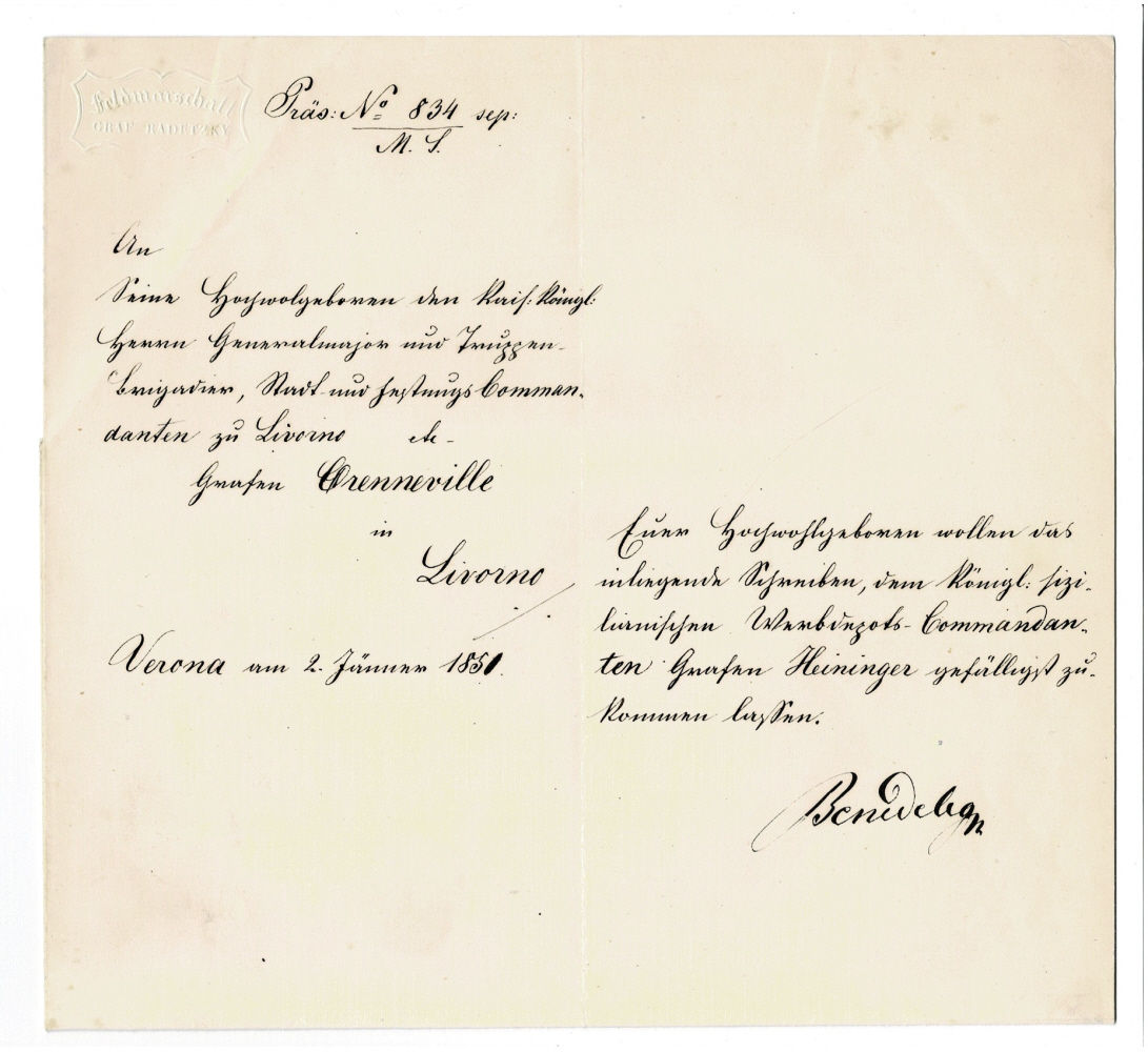 Image for HOLOGRAPH LETTER SIGNED by the Austro-Hungarian General LUDWIG VON BENEDEK penned on Field Marshall Graf Radetzky's letterhead, requesting that COUNT FRANZ FOLLIOT DE CRENNEVILLE forward a letter to the Sicilian Recruitment Commander. HOLOGRAPH LETTER SIGNED by the Austro-Hungarian General LUDWIG VON BENEDEK penned on Field Marshall Graf Radetzky's letterhead, requesting that COUNT FRANZ FOLLIOT DE CRENNEVILLE forward a letter to the Sicilian Recruitment Commander.
