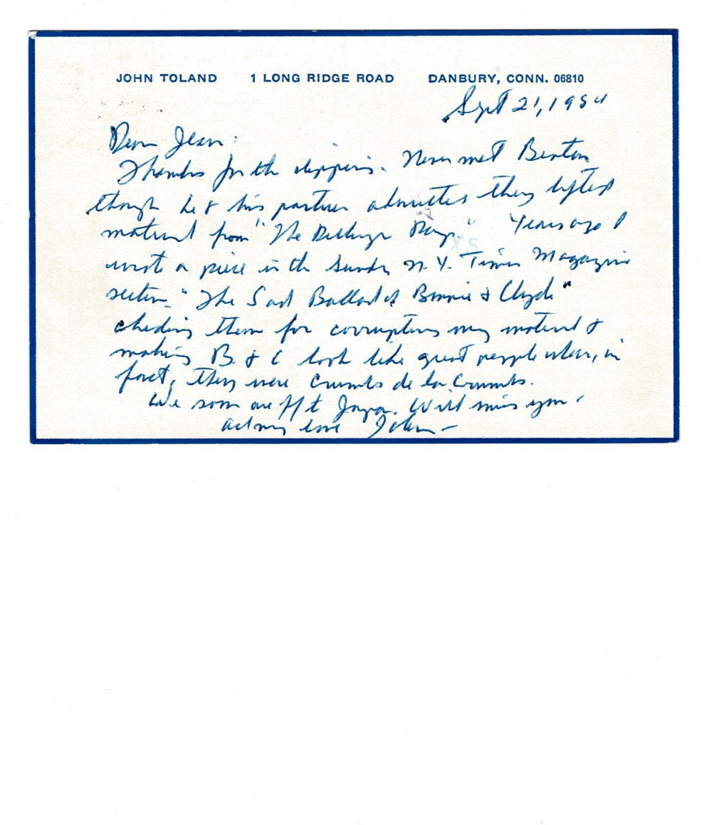 Image for AUTOGRAPH LETTER SIGNED by the historian JOHN TOLAND, relating to City Center Producer Jean Dalrymple how Robert Benton inaccurately lifted material from his book AUTOGRAPH LETTER SIGNED by the historian JOHN TOLAND, relating to City Center Producer Jean Dalrymple how Robert Benton inaccurately lifted material from his book