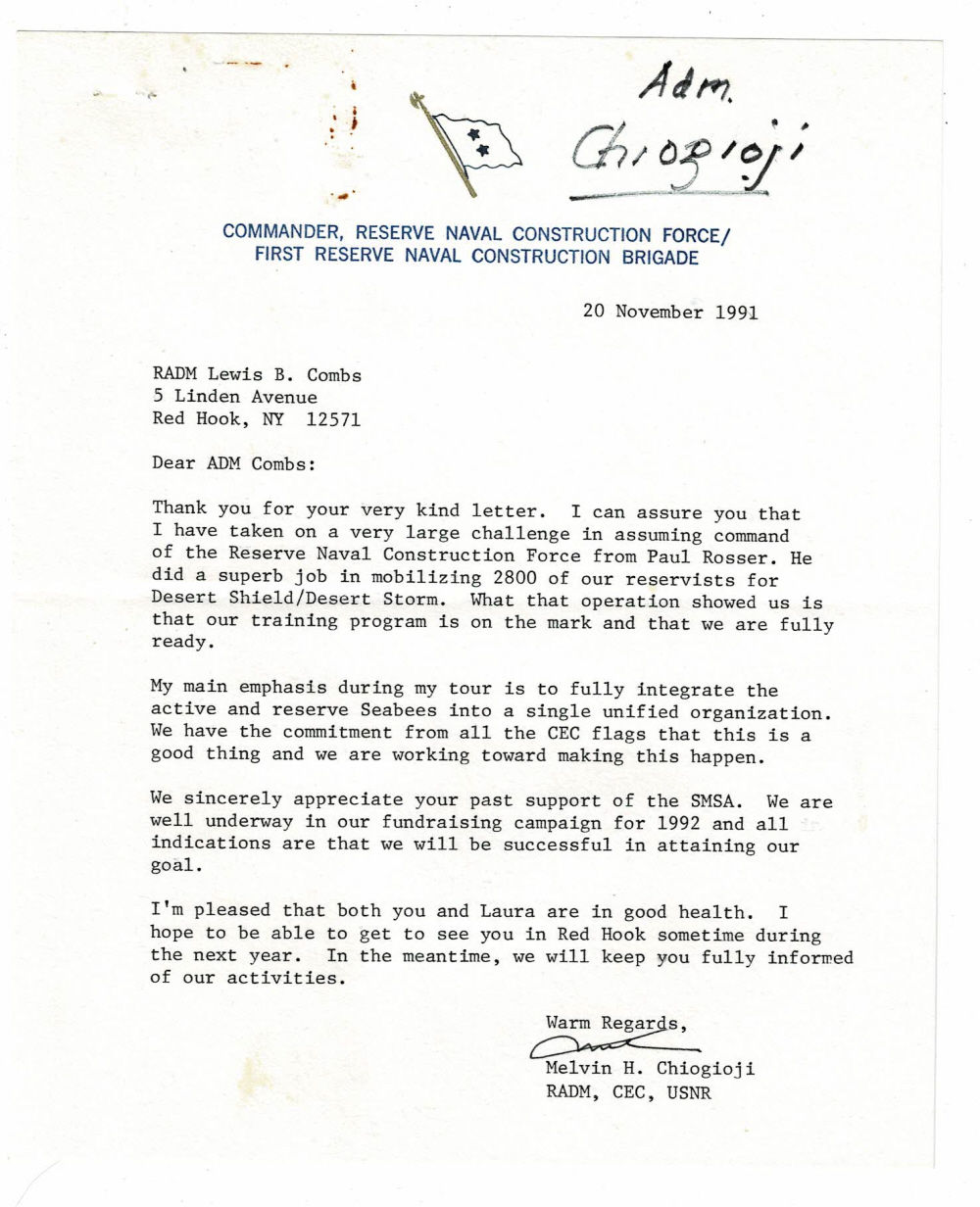 TYPED LETTER SIGNED by Rear Admiral MELVIN H. CHIOGIOJI to Rear Admiral Lewis B. Combs regarding integrating active and reserve Seabees into a unified organization.