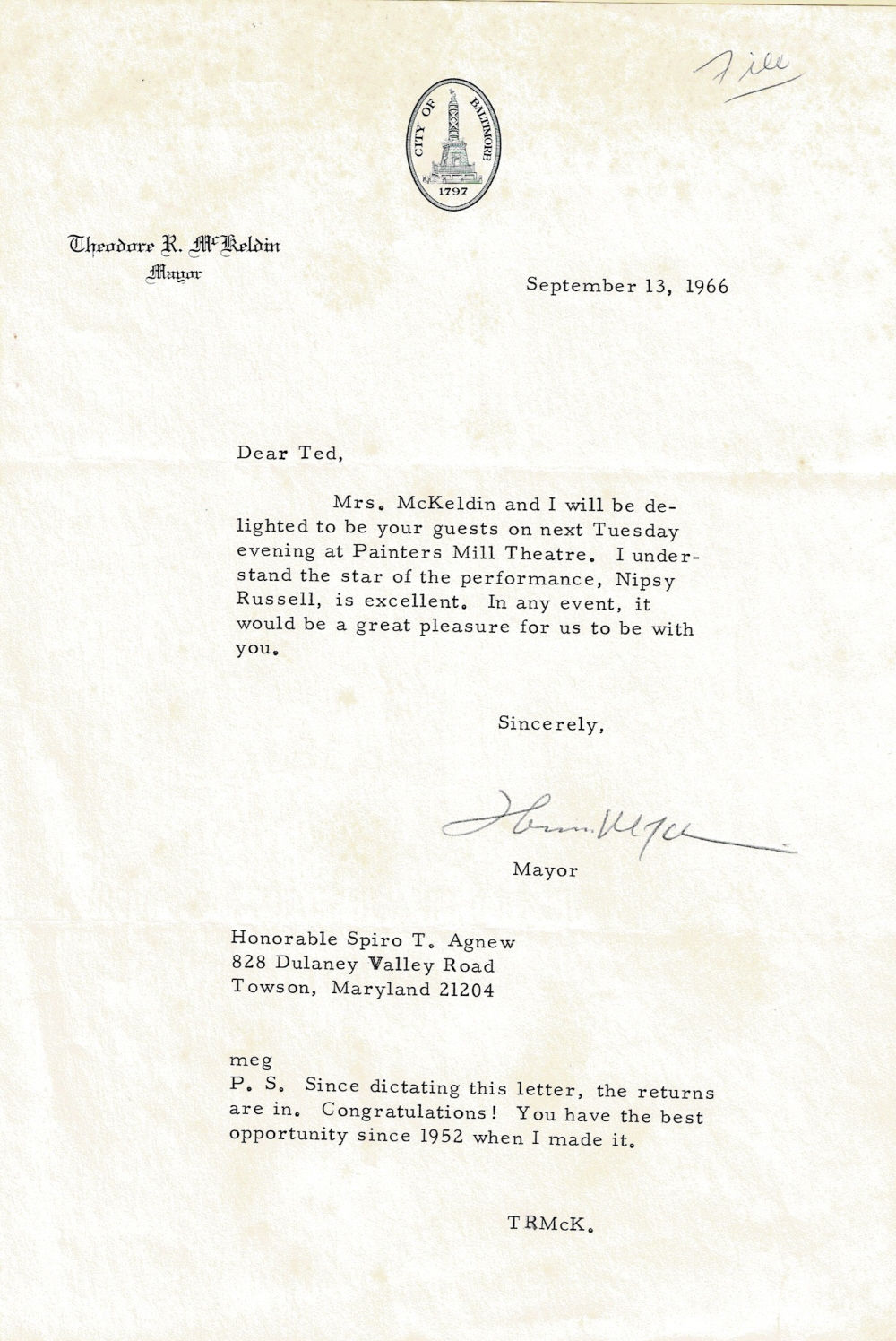 Image for TYPED LETTER SIGNED by the Mayor of Baltimore and former Governor of Maryland THEODORE McKELDIN responding to then Republican Candidate for Governor SPIRO T. AGNEW'S invitation to be his guest for a performance by Nipsy Russell at Painters Mill Theatre. With a Postscript about Agnew's winning the Re TYPED LETTER SIGNED by the Mayor of Baltimore and former Governor of Maryland THEODORE McKELDIN responding to then Republican Candidate for Governor SPIRO T. AGNEW'S invitation to be his guest for a performance by Nipsy Russell at Painters Mill Theatre. With a Postscript about Agnew's winning the Re