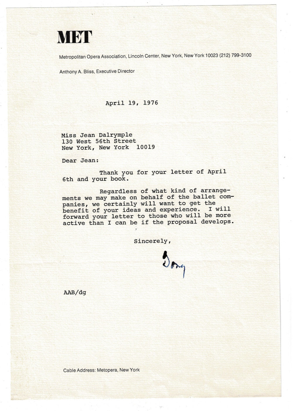 Image for TYPED LETTER SIGNED by the Executive Director of New York's Metropolitan Opera ANTHONY A. BLISS to former City Center producer & director Jean Dalrymple. TYPED LETTER SIGNED by the Executive Director of New York's Metropolitan Opera ANTHONY A. BLISS to former City Center producer & director Jean Dalrymple.