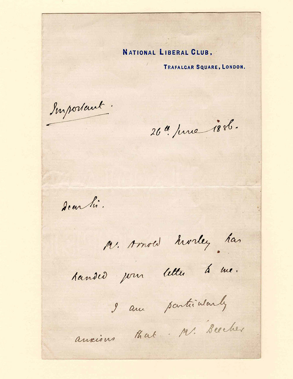 Image for AUTOGRAPH LETTER SIGNED by the English Political Organizer FRANCIS SCHNADHORST on National Liberal Club stationery. AUTOGRAPH LETTER SIGNED by the English Political Organizer FRANCIS SCHNADHORST on National Liberal Club stationery.