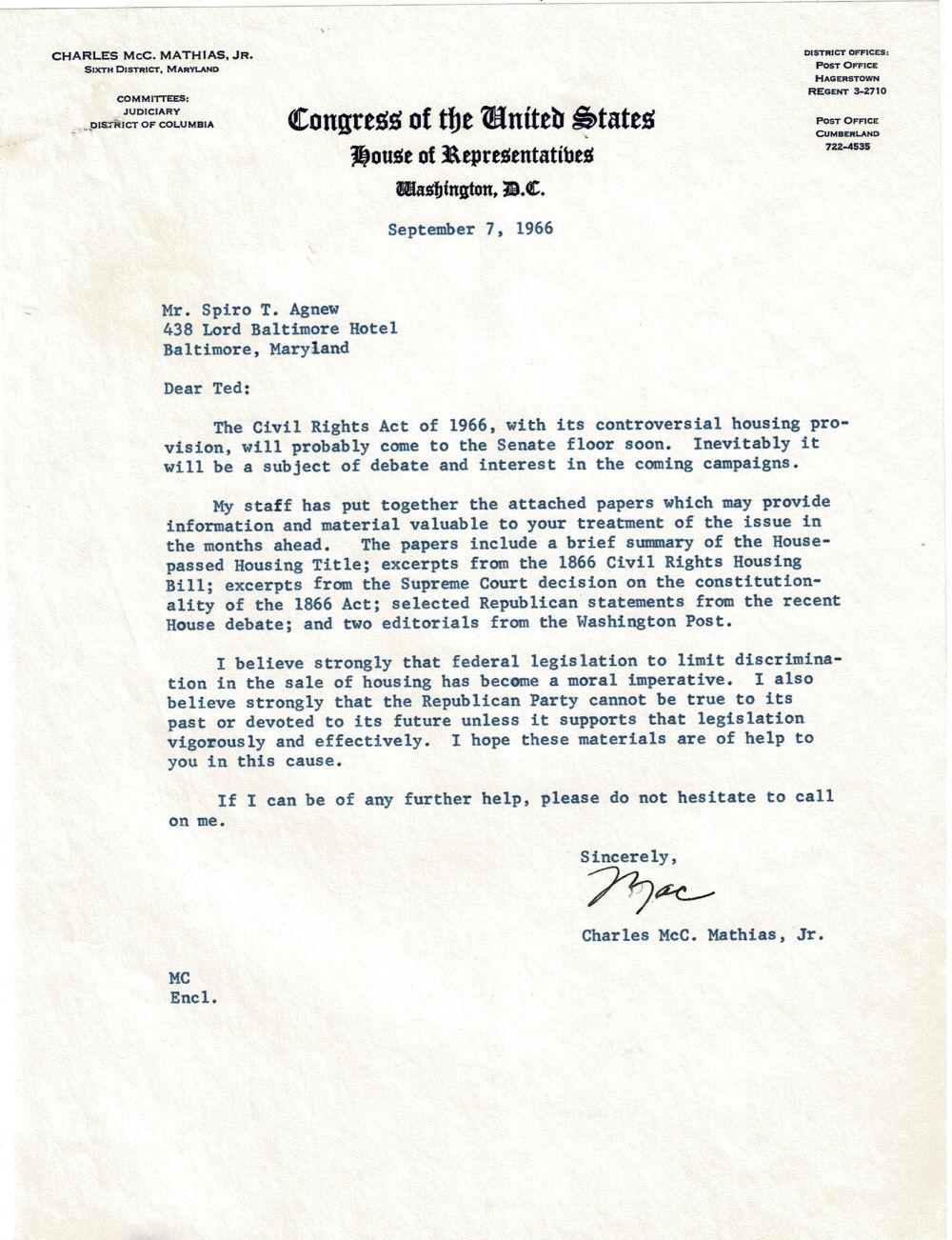 Image for TYPED LETTER SIGNED by the U.S. Congressman from Maryland CHARLES McCURDY MATHIAS, JR. forwarding background information on the 1966 Civil Rights Act to SPIRO AGNEW, who was then the Pro-Civil Rights Baltimore County Executive TYPED LETTER SIGNED by the U.S. Congressman from Maryland CHARLES McCURDY MATHIAS, JR. forwarding background information on the 1966 Civil Rights Act to SPIRO AGNEW, who was then the Pro-Civil Rights Baltimore County Executive