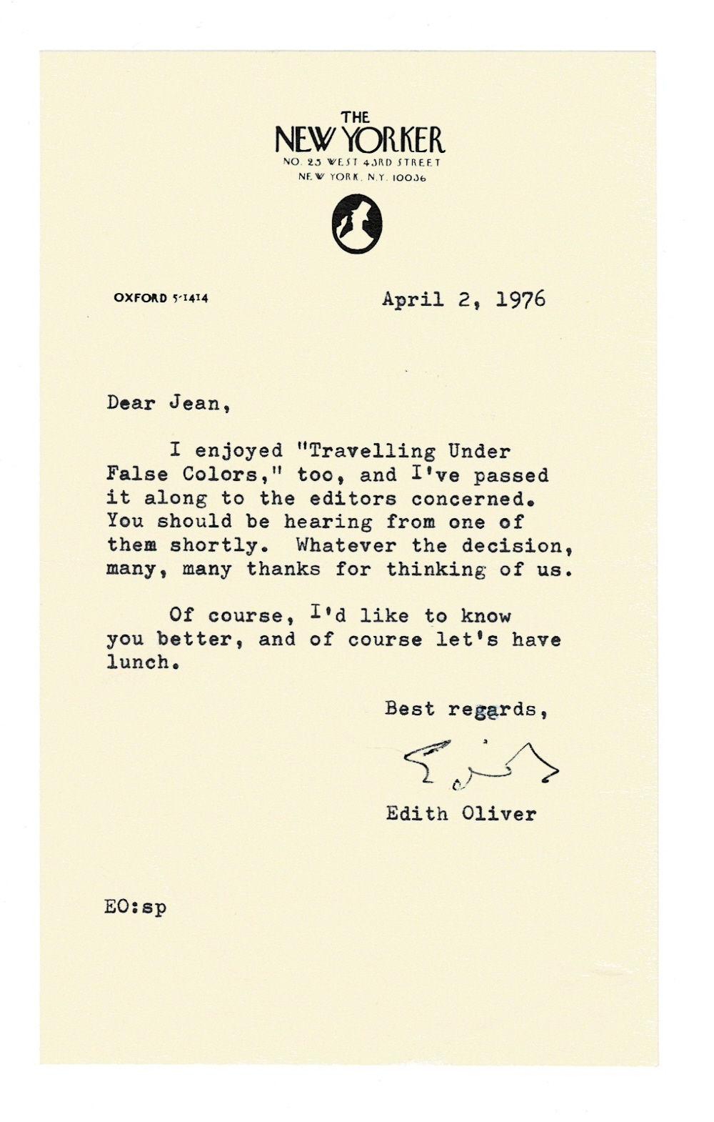 Image for TYPED NOTE SIGNED by the American theater & film critic EDITH OLIVER to Manhattan City Center Producer & Director Jean Dalrymple. TYPED NOTE SIGNED by the American theater & film critic EDITH OLIVER to Manhattan City Center Producer & Director Jean Dalrymple.