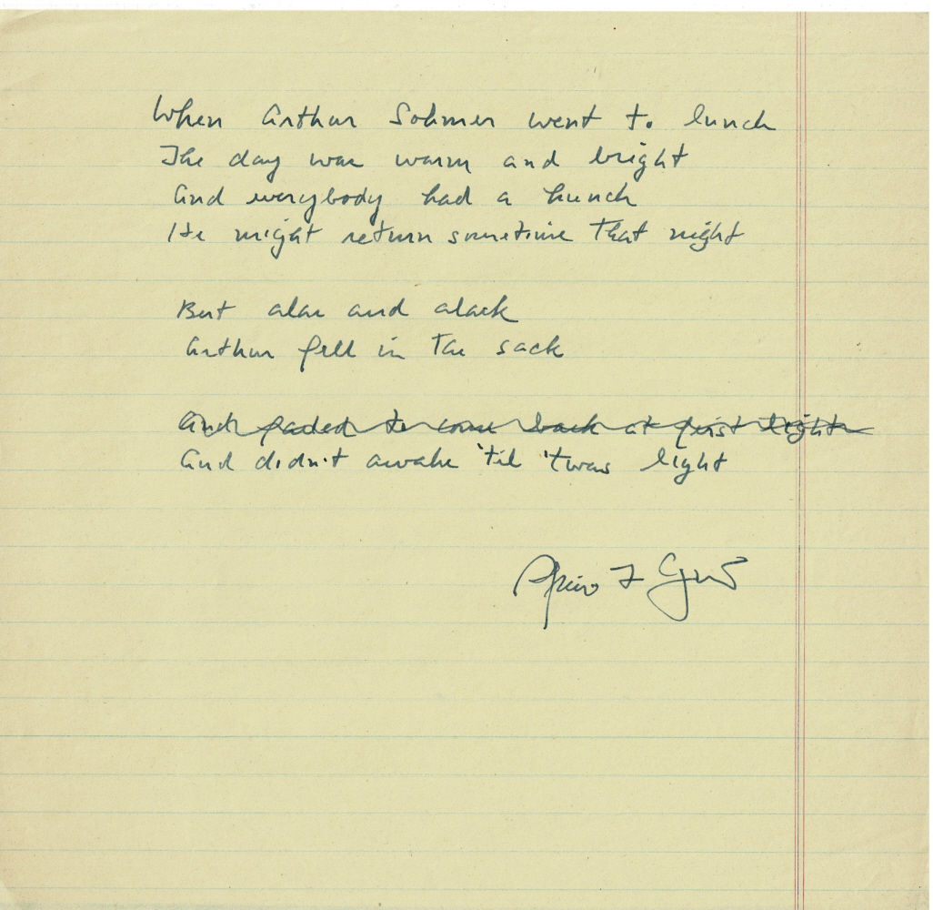 Image for AUTOGRAPH DOGGEREL NOTE SIGNED by Maryland Governor and Vice President SPIRO T. AGNEW as a humorous comment about his Chief-of-Staff ARTHUR SOHMER. AUTOGRAPH DOGGEREL NOTE SIGNED by Maryland Governor and Vice President SPIRO T. AGNEW as a humorous comment about his Chief-of-Staff ARTHUR SOHMER.
