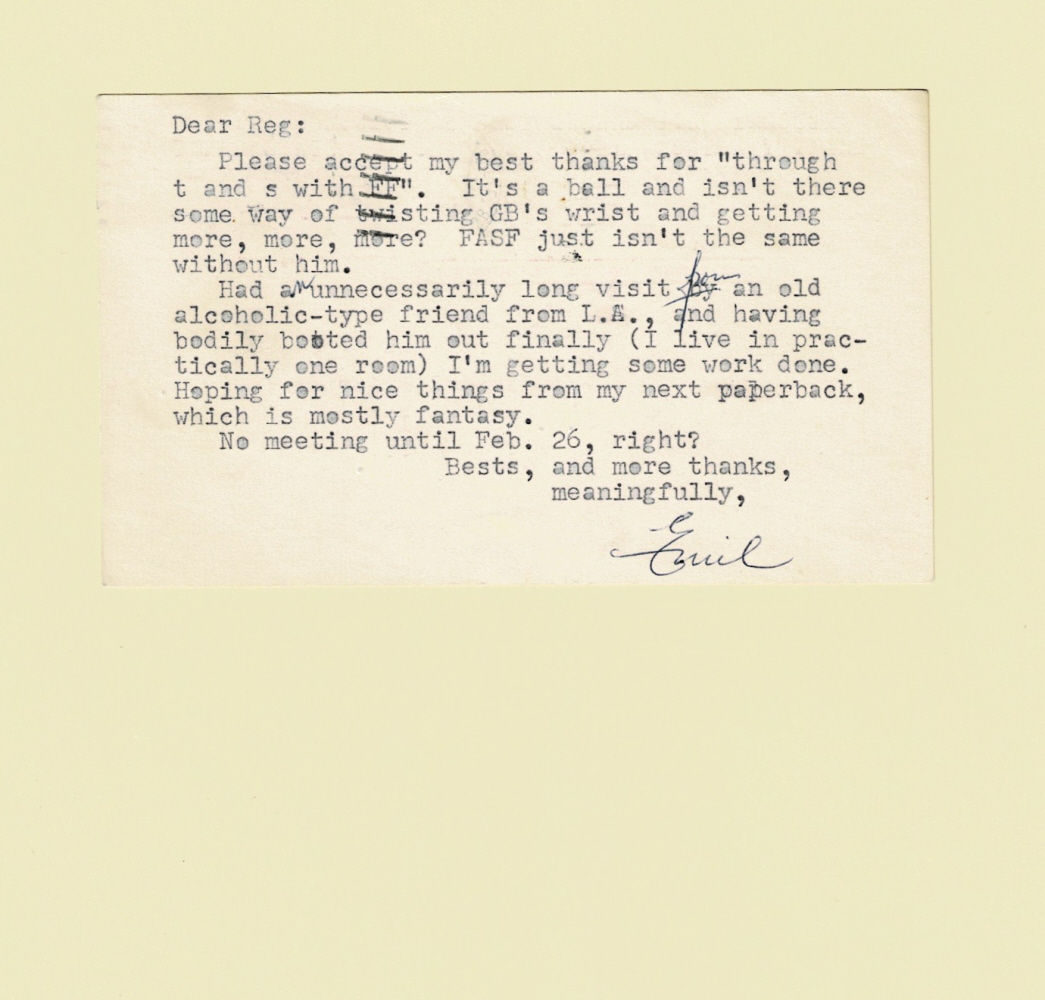 TYPED POSTCARD SIGNED by the American Science Fiction and Fantasy author EMIL PETAJA to his friend and colleague REGINALD BRETNOR.