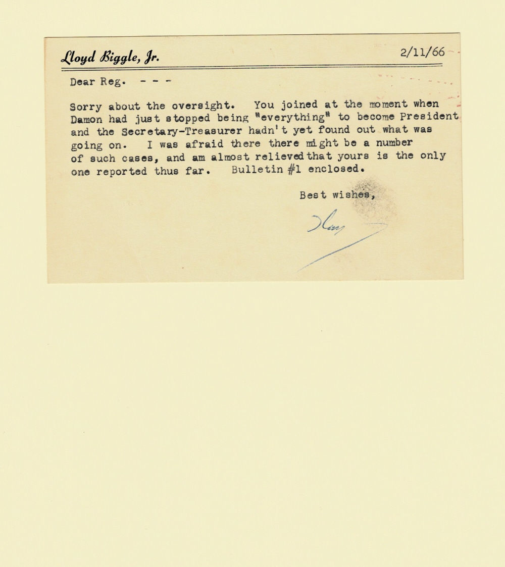 TYPED POSTCARD SIGNED by the American musician, author and oral historian LLOYD BIGGLE, JR. to his colleague and friend Reginald Bretnor.