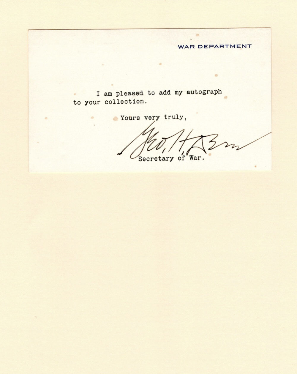 Image for AUTOGRAPH: A War Department card SIGNED by GEORGE DERN as Secretary of War. AUTOGRAPH: A War Department card SIGNED by GEORGE DERN as Secretary of War.