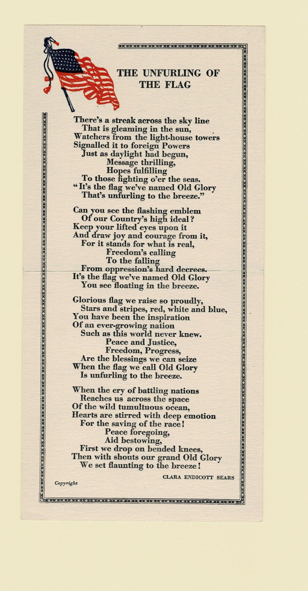 Image for THE UNFURLING OF THE FLAG. An original broadside poem. THE UNFURLING OF THE FLAG. An original broadside poem.