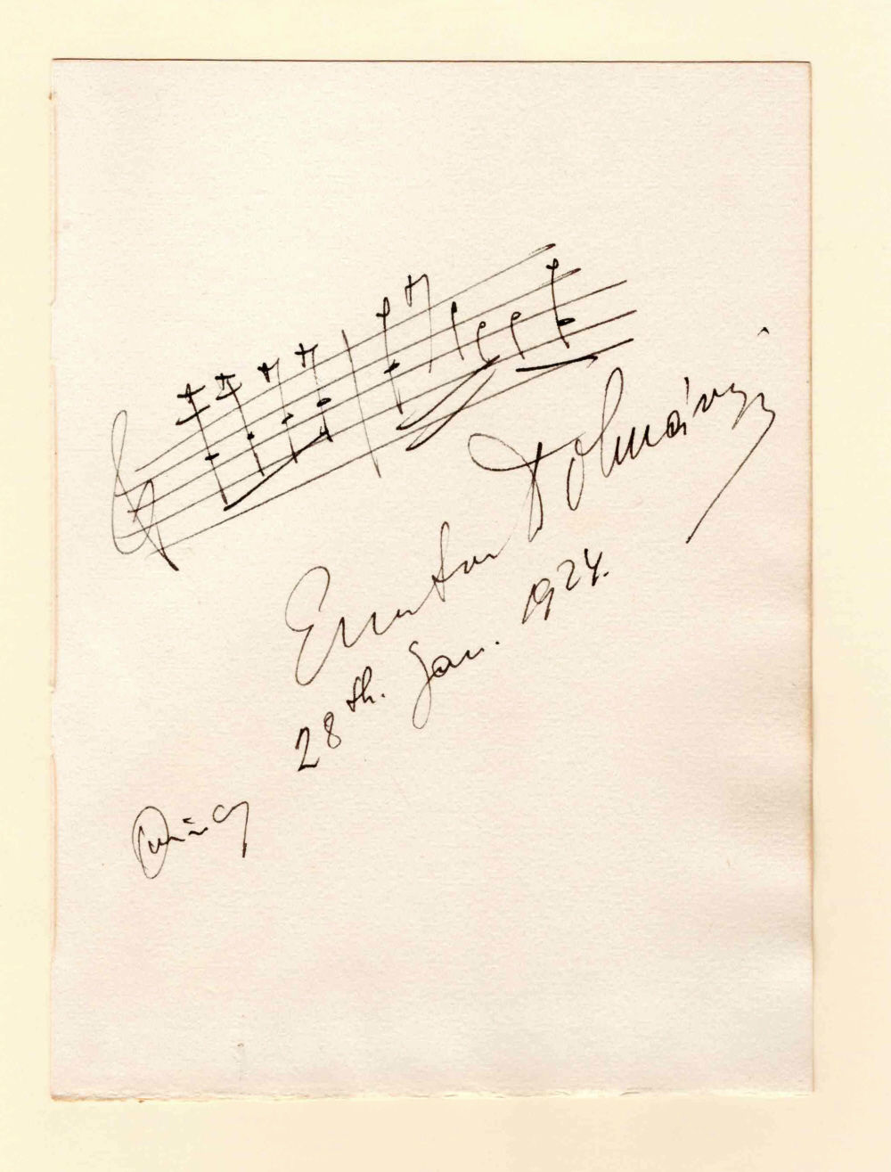Image for AUTOGRAPH MUSICAL QUOTATION SIGNED by the celebrated Hungarian Composer, Pianist and Conductor ERNST VON DOHNANYI on the occasion of his performance at the Empire Theater in Quincy, Illinois. AUTOGRAPH MUSICAL QUOTATION SIGNED by the celebrated Hungarian Composer, Pianist and Conductor ERNST VON DOHNANYI on the occasion of his performance at the Empire Theater in Quincy, Illinois.