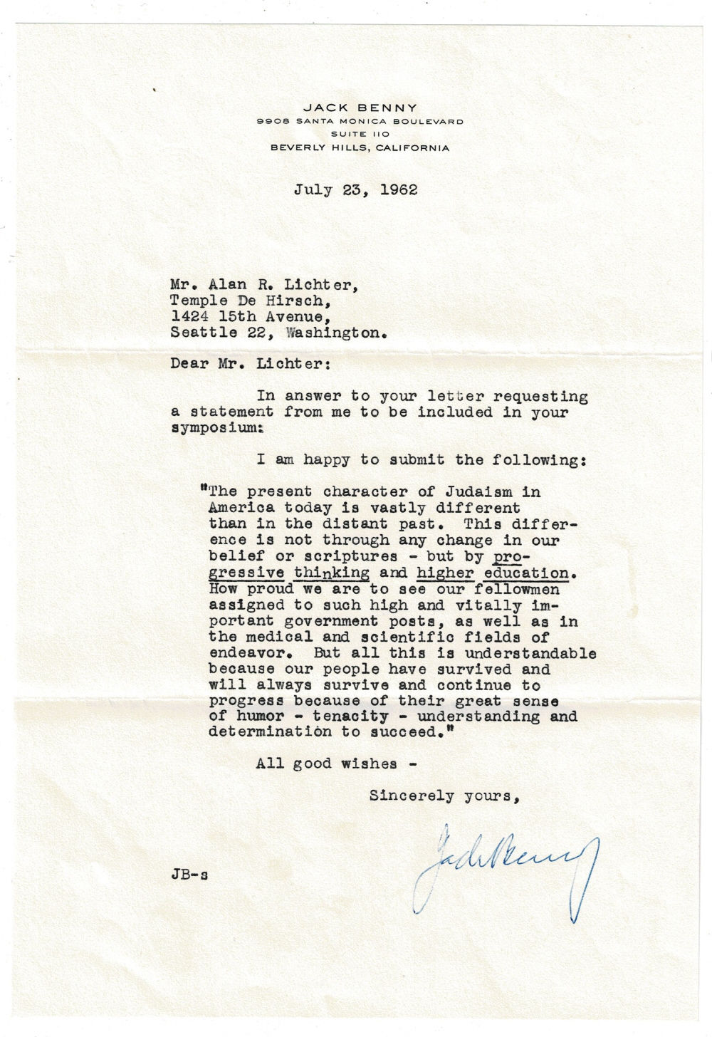 Image for TYPED LETTER SIGNED by the famous comedian JACK BENNY expressing his feelings on Judaism and being Jewish. TYPED LETTER SIGNED by the famous comedian JACK BENNY expressing his feelings on Judaism and being Jewish.